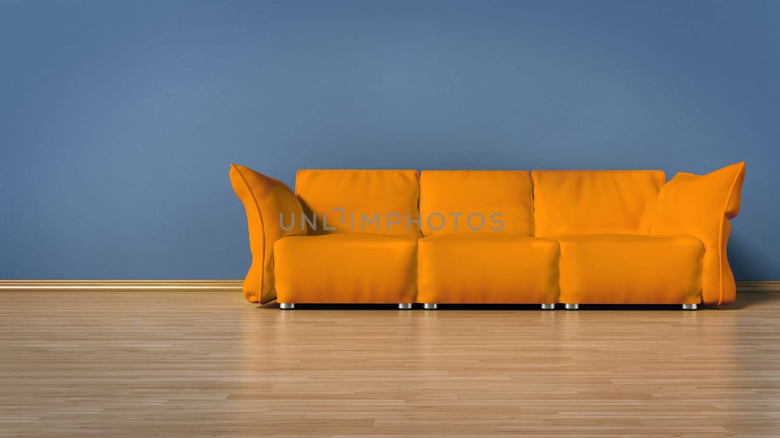 Green comfortable couch standing on parquet ground. 3D illustration.