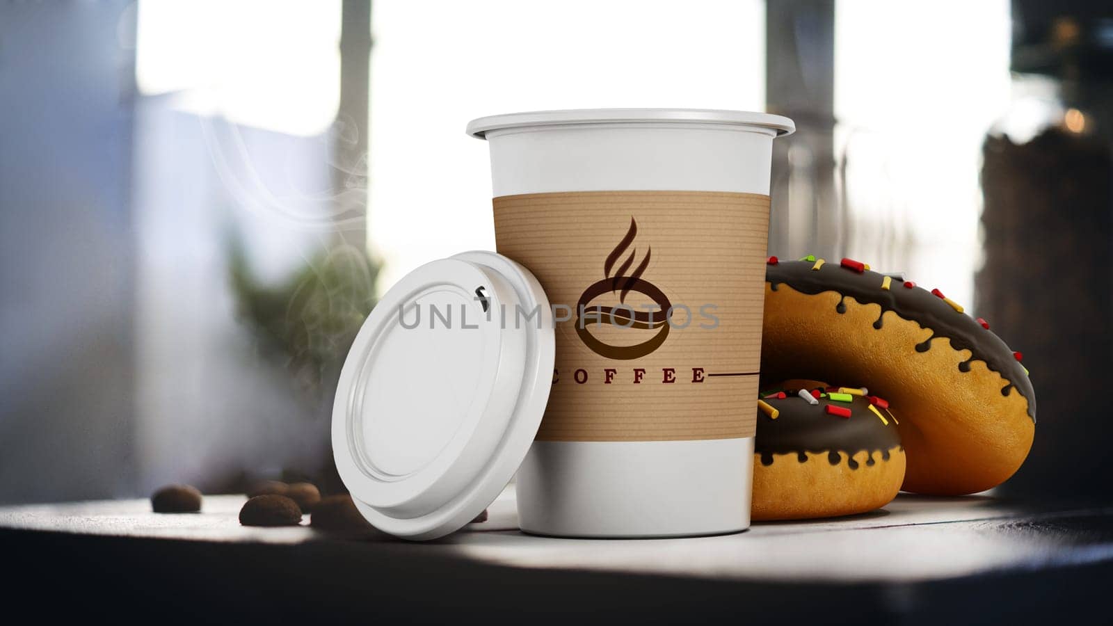 Coffee cup and donuts standing on the table. 3D illustration.