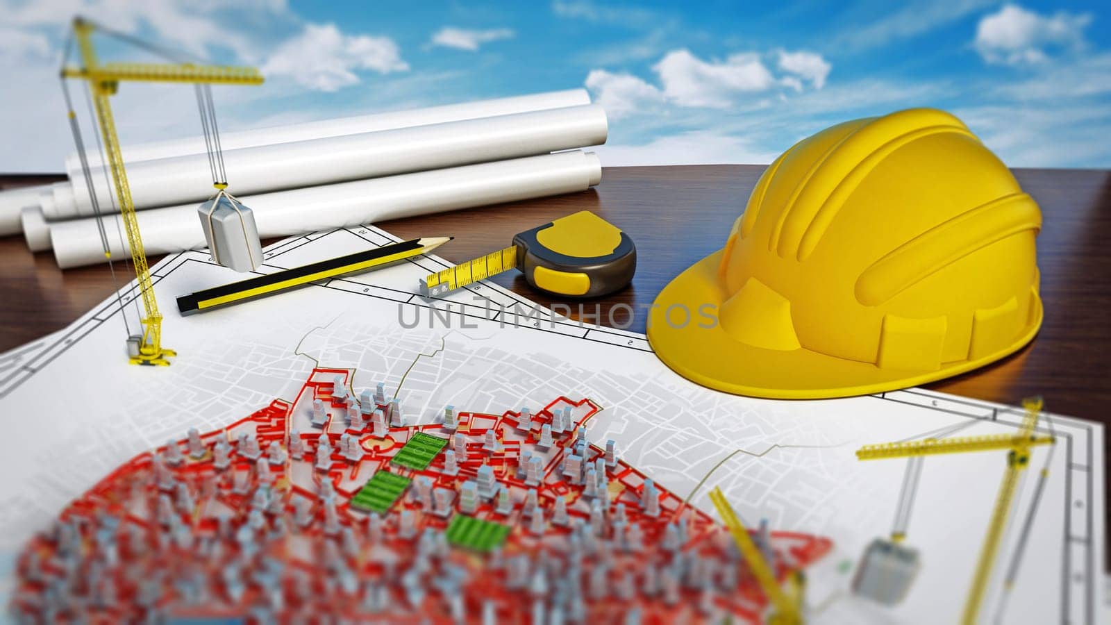 City renewal concept with model buildings on the plan. 3D illustration.