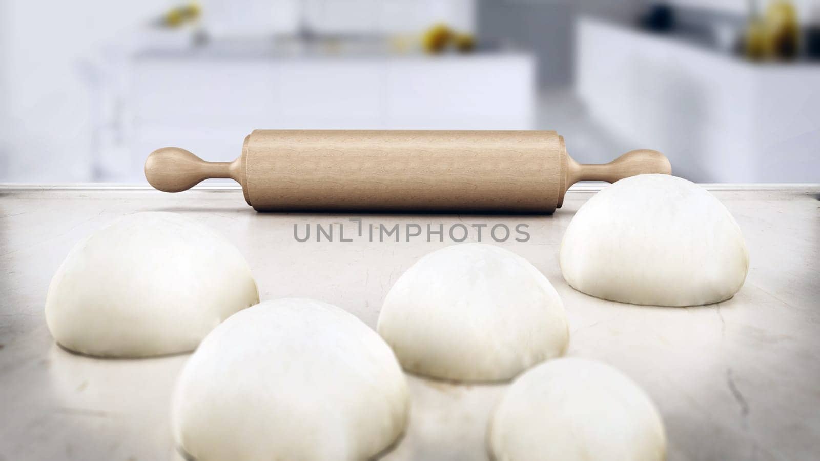 Rolling pin and fresh doughs standing on white table. 3D illustration.