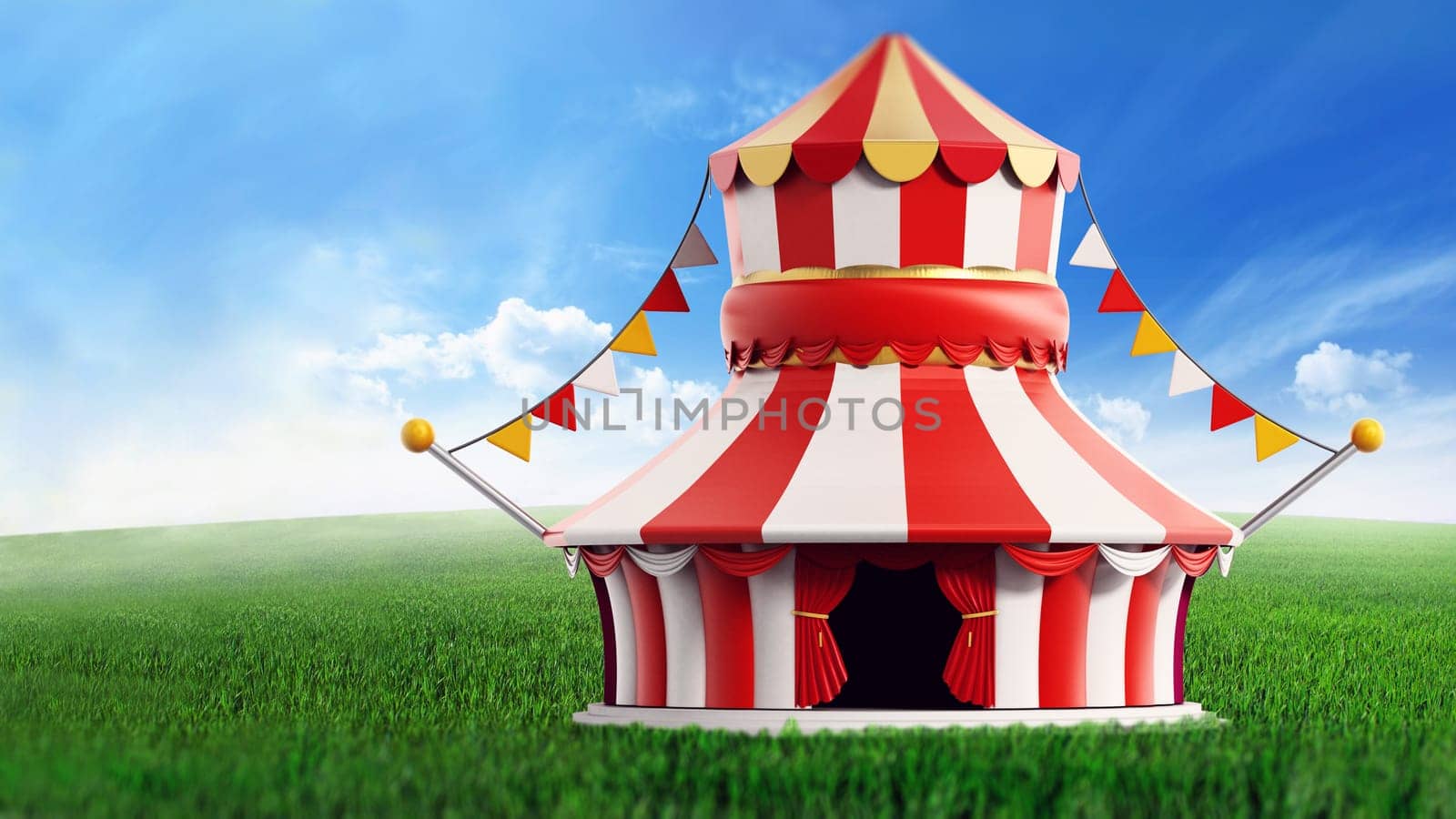 Circus tent standing on green field against blue sky. 3D illustration.