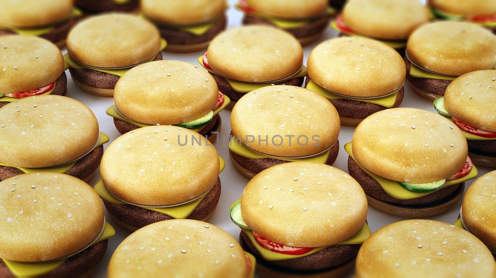 Group of cheese burgers background with DOF effect. 3D illustration.