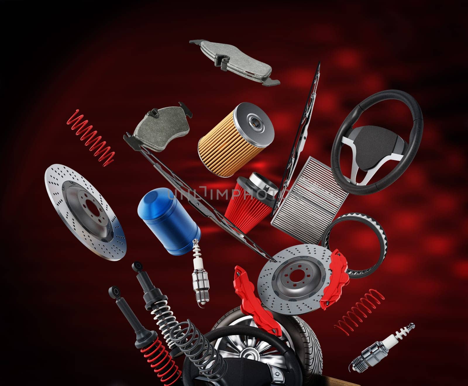 Floating car spare performance parts on red background. 3D illustration.
