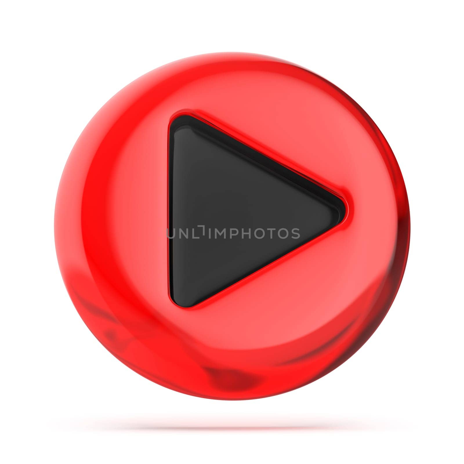 Red glass play button on white background