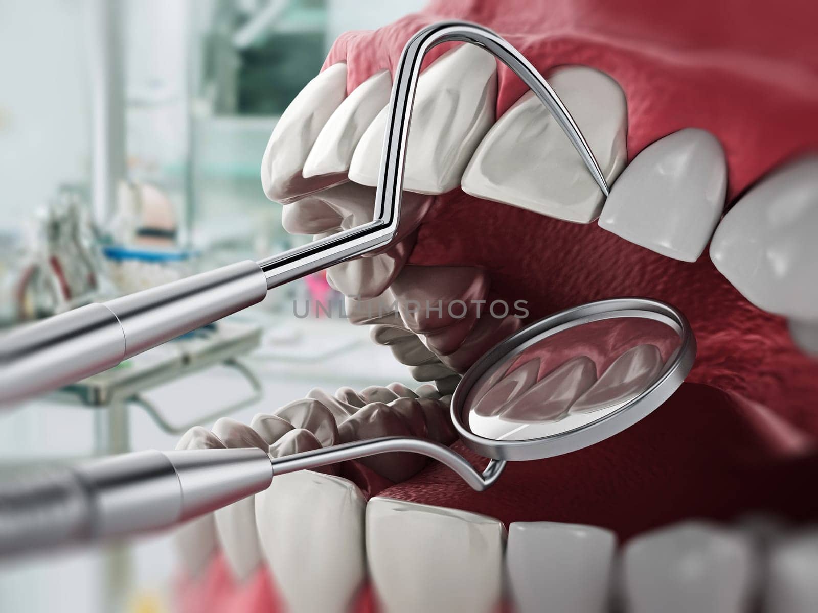 Human teeth model and professional dentist tools on dental clinic background. 3D illustration.