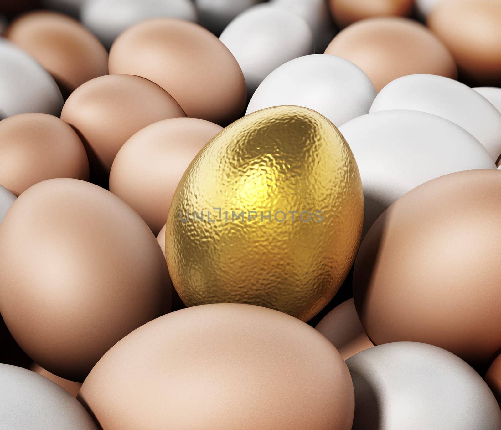 Golden egg standing out among brown and white eggs. 3D illustration.