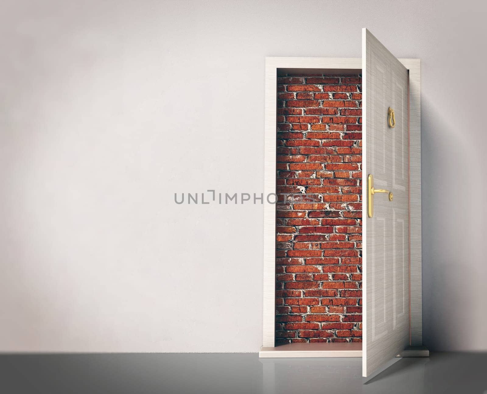 Open door entry blocked with brick wall. 3D illustration.