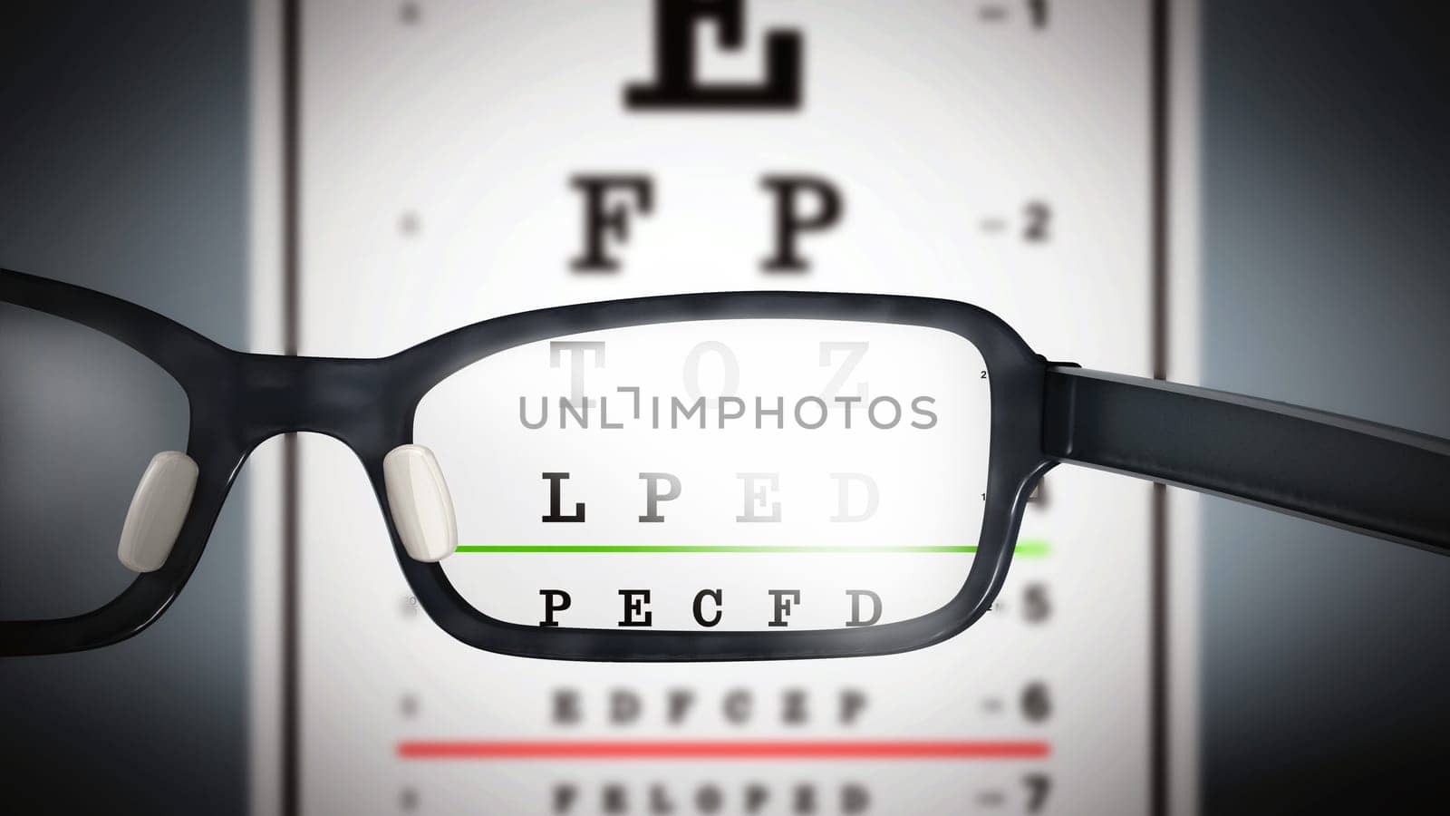 Eye test chart and eyeglasses. 3D illustration.