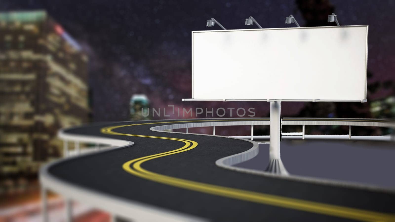 Blank billboard near the highway on city night background. 3D illustration.