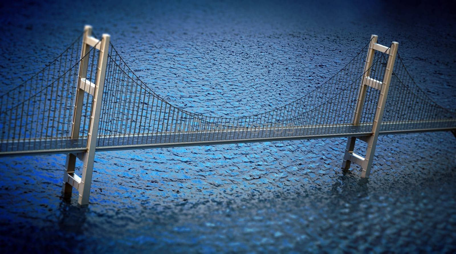 Suspension bridge across the sea connecting two sides of the land. 3D illustration.