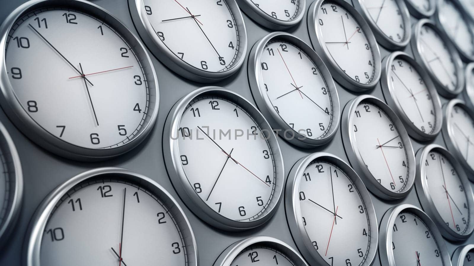 Modern wall clocks showing different time zones of world cities. 3D illustration.