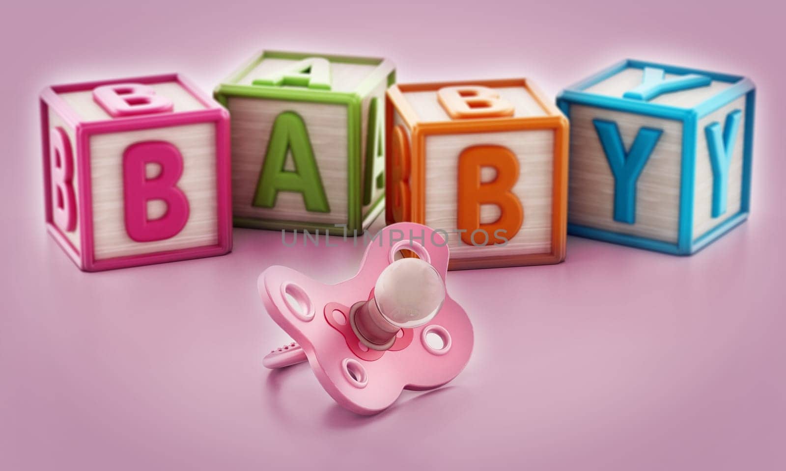 Pink baby pacifier and toy cubes forming baby word together on pink background. 3D illustration.
