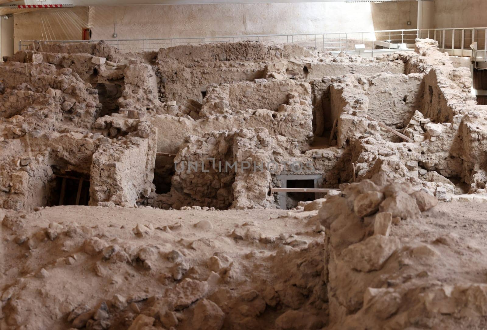 Santorini, Greece - July 01, 2021: Akrotiri, excavation site of a Minoan Bronze Age settlement on the Greek island of Santorini