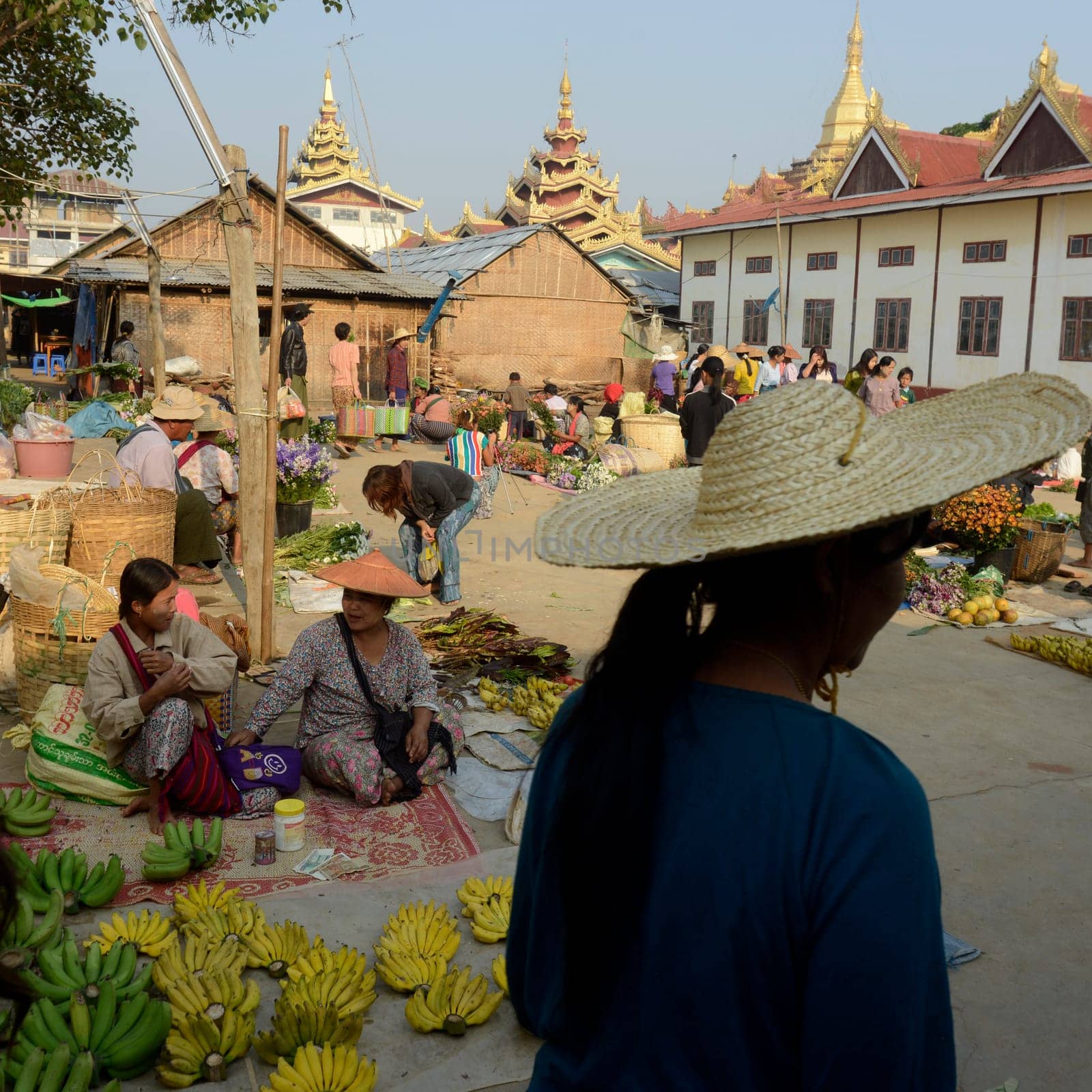 the market at the Village of Phaung Daw Oo at the Inle Lake in the Shan State in the east of Myanmar in Southeastasia.