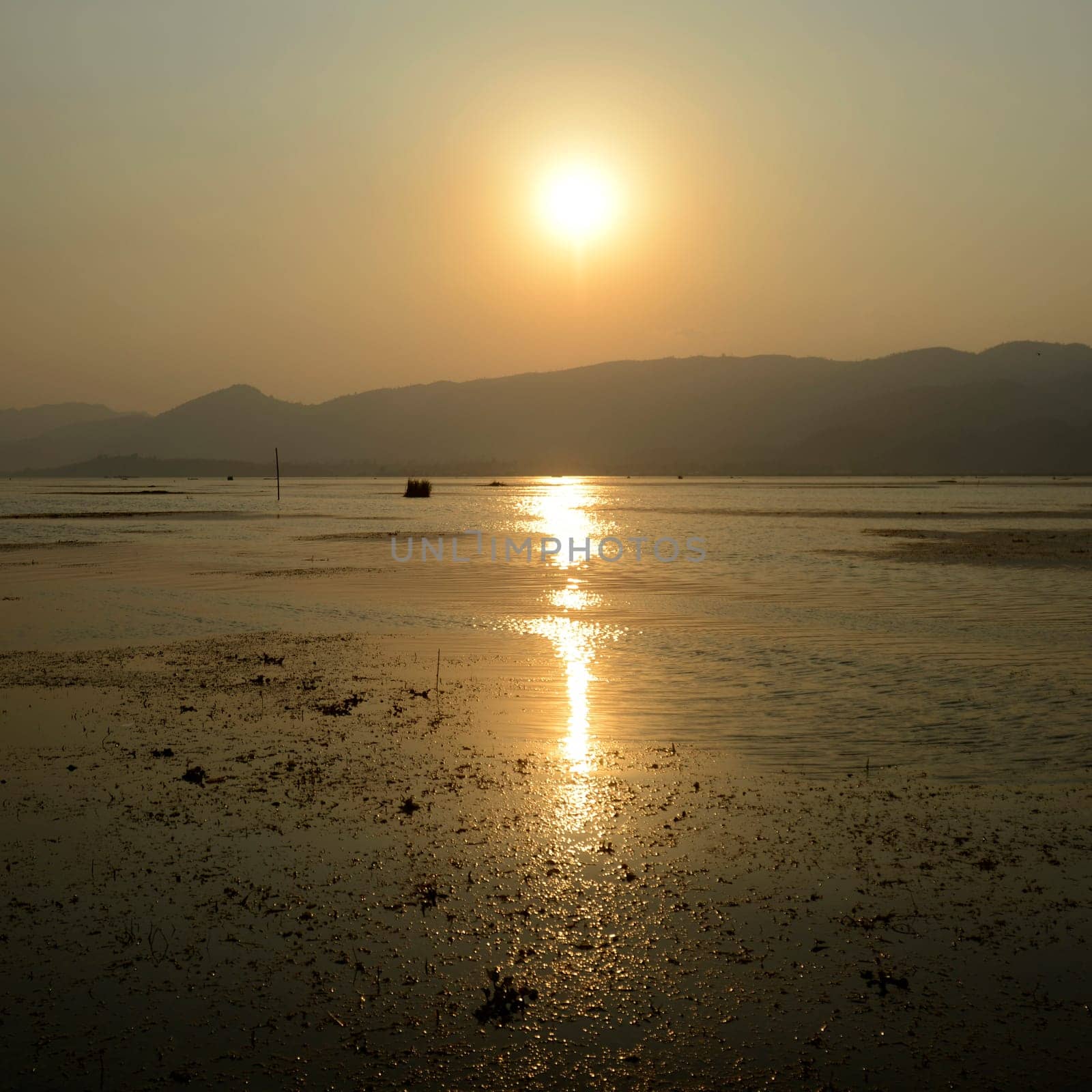 the Landscape at sunrise on the Inle Lake in the Shan State in the east of Myanmar in Southeastasia.