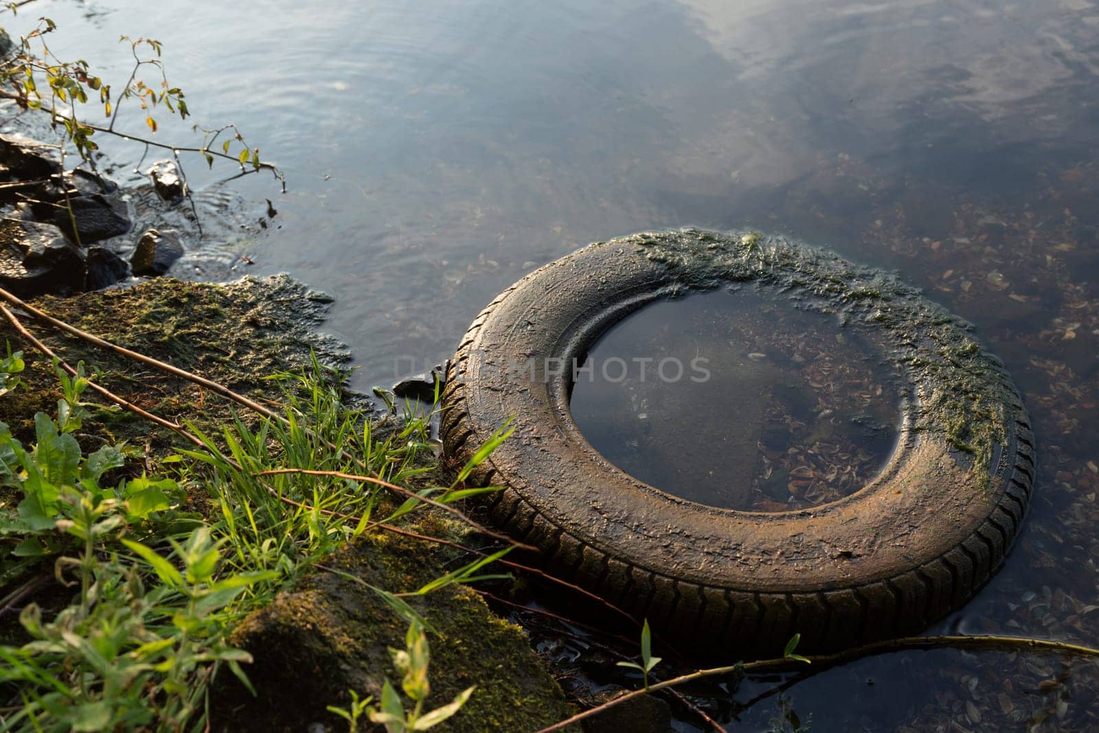 An old car tyre lies on the shore of a lake