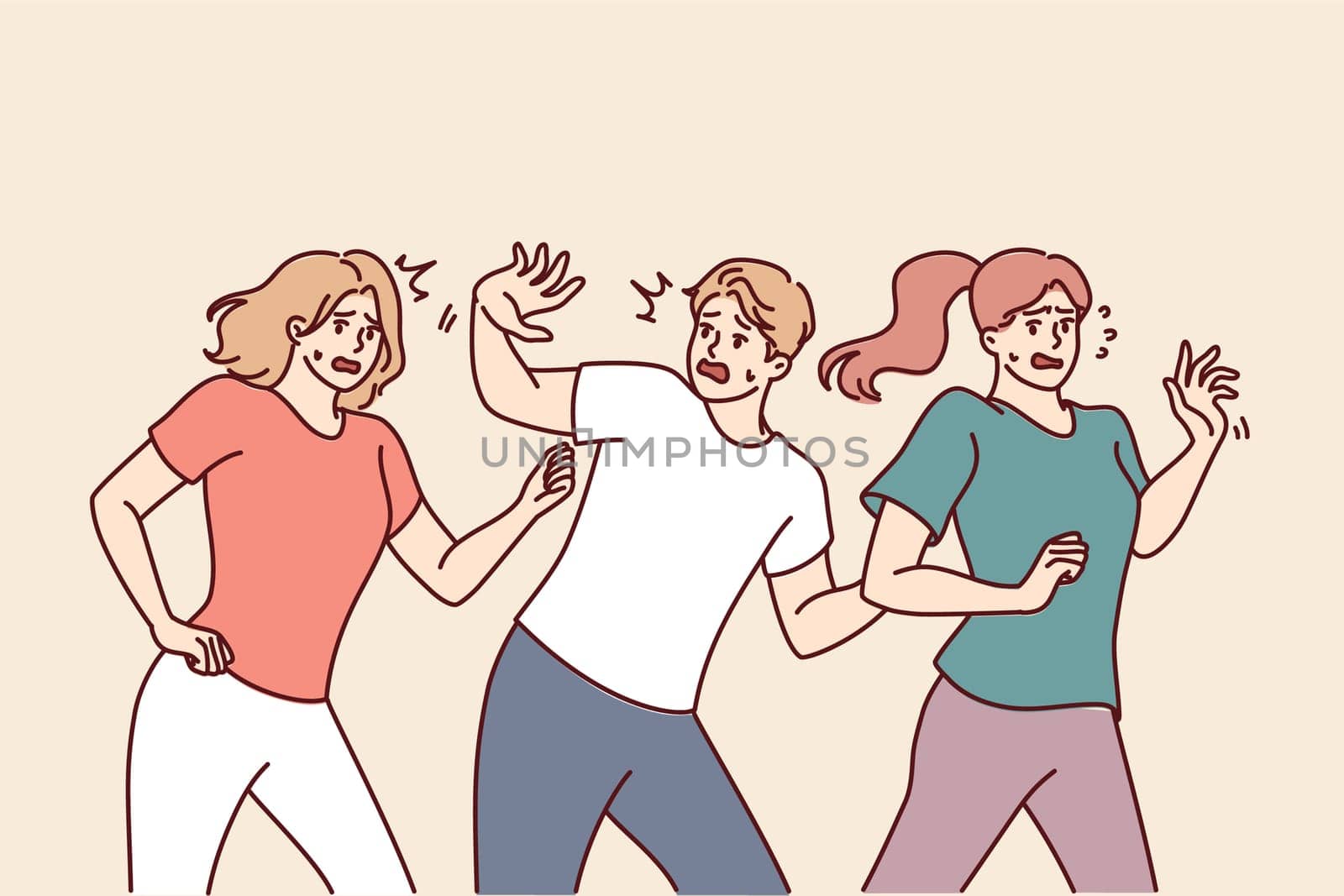 People flee in panic after hearing alarm signal and call for evacuation due start of earthquake. Frightened people in horror try to hide for concept of life threat and uncontrollable phobia