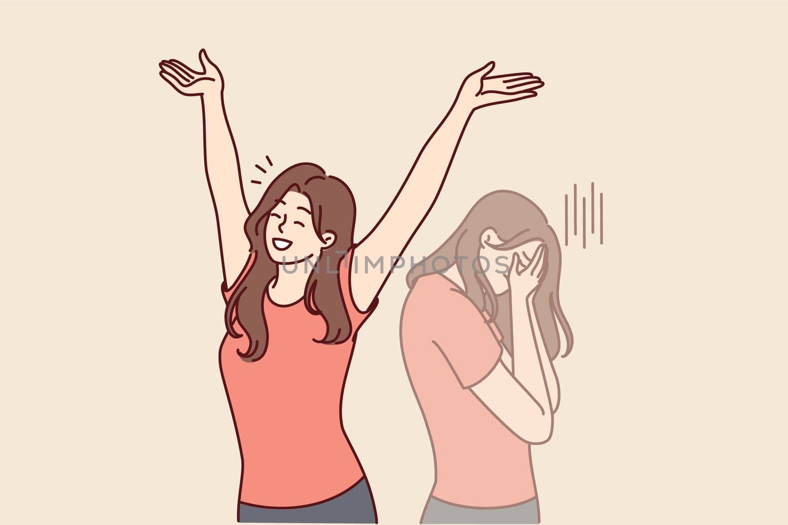 Positive woman raises hands up and rejoices having got rid of bad emotions and depression spoiling mood. Crying doppelganger behind girl for concept of mood swings or split personality