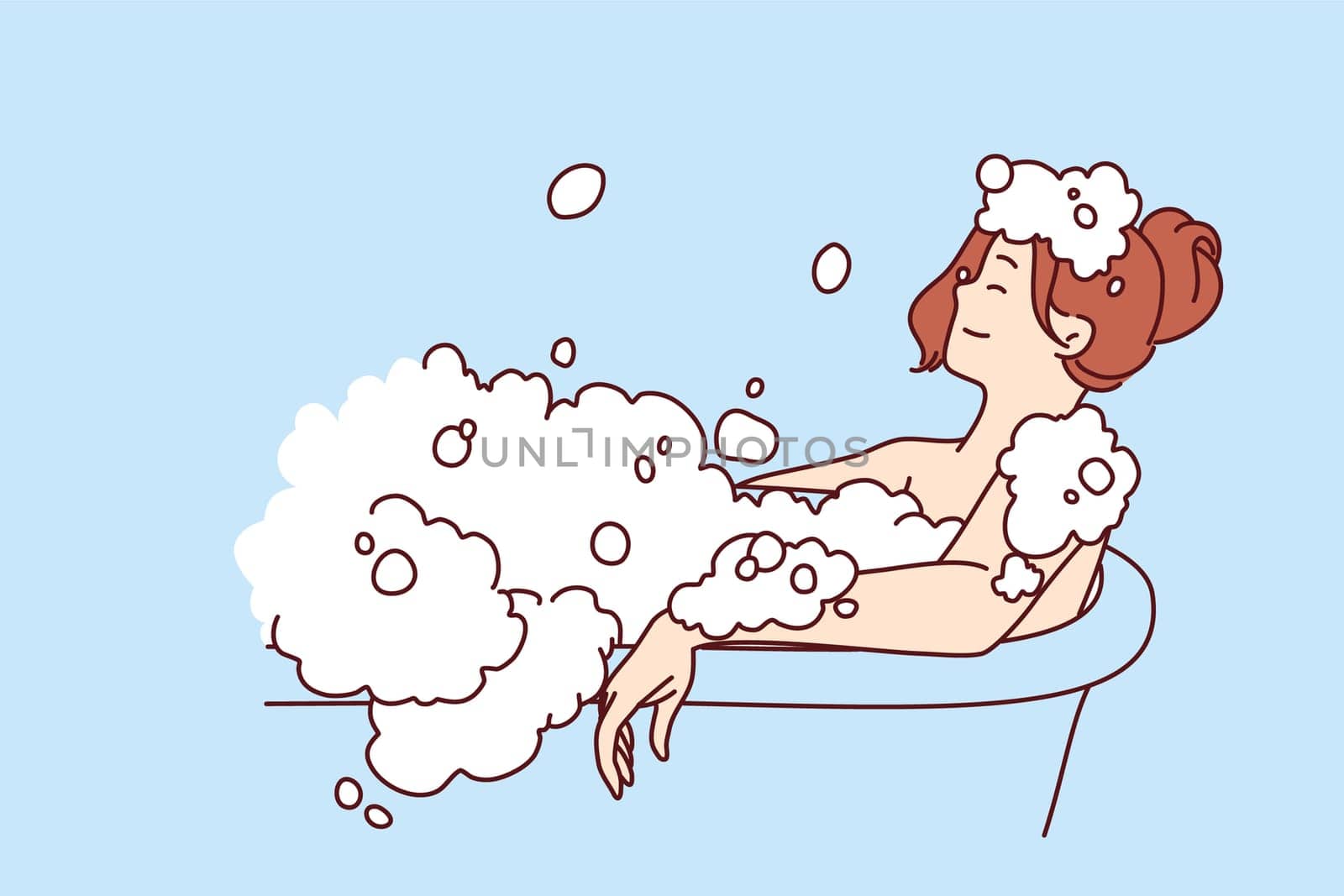 Carefree woman relaxes lying in bath with foam and warm water after hard day at work or long walk. Concept of water spa treatments for relaxation and wellness or for skin and body care