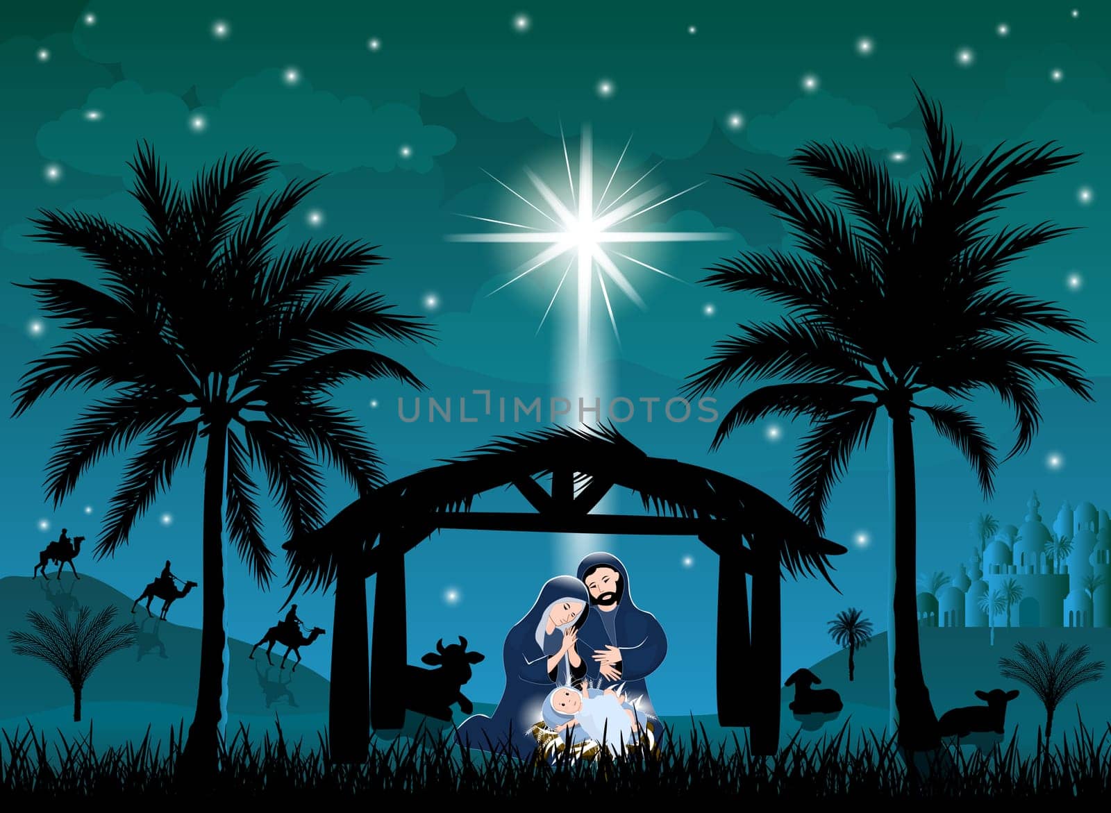 Scene of the Nativity of Jesus Christ. Christmas. The Virgin Mary and Joseph bent over the manger with the baby. Christmas night. The Christmas star shines in the sky. Bethlehem. Three kings on camels.