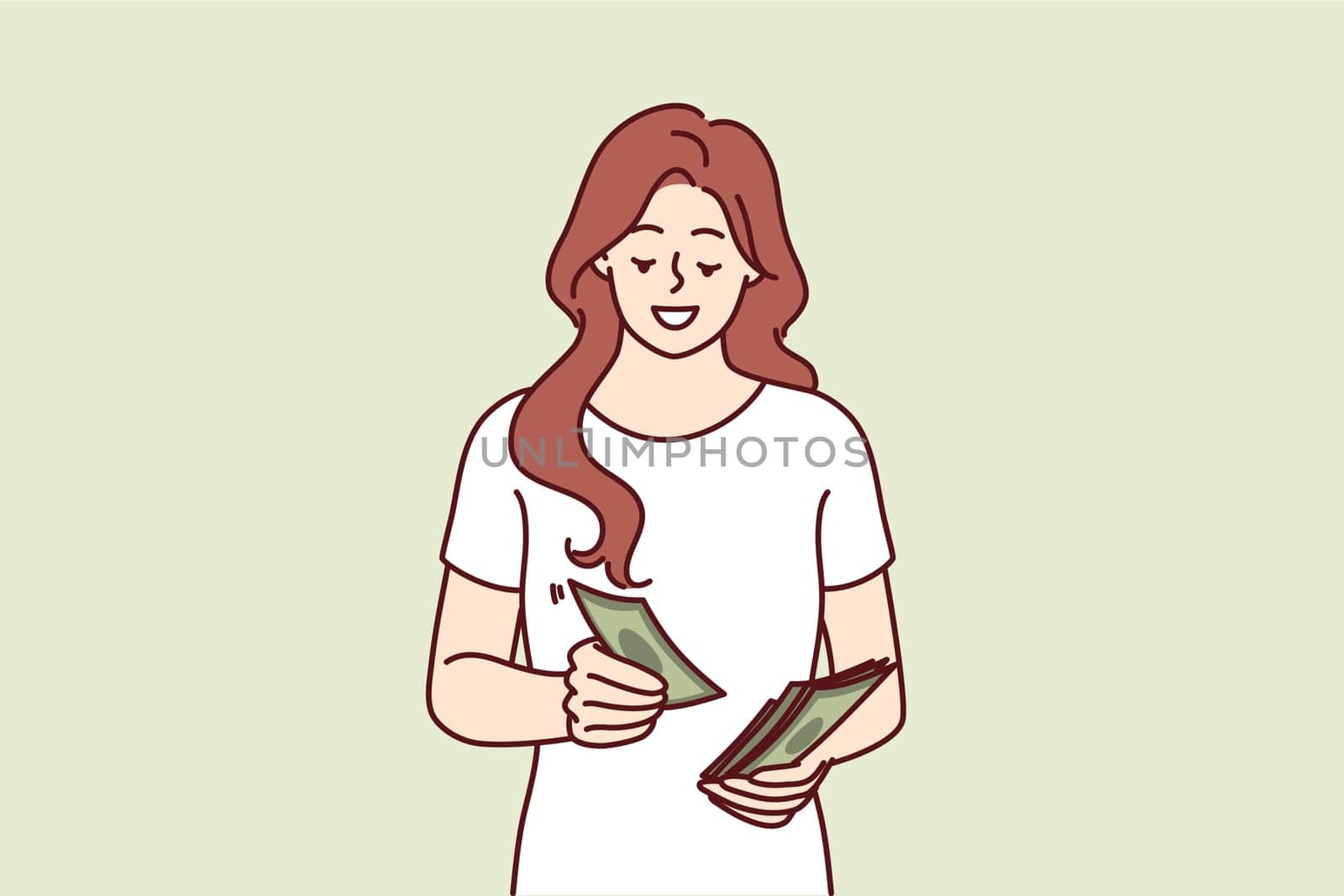 Successful woman counts money earned in business or received from dividend investments with good profit. Smiling girl with cash saves money wanting to make pension contribution or pay taxes