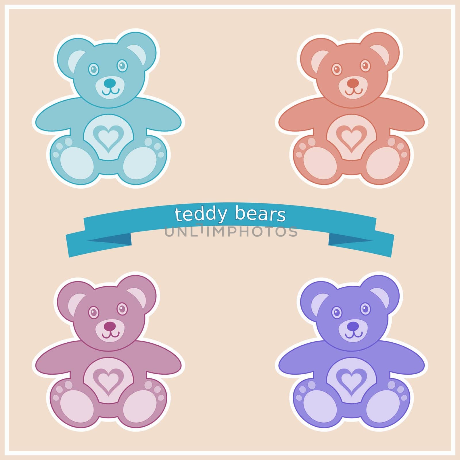Four vintage colorful cute teddy bears with hearts