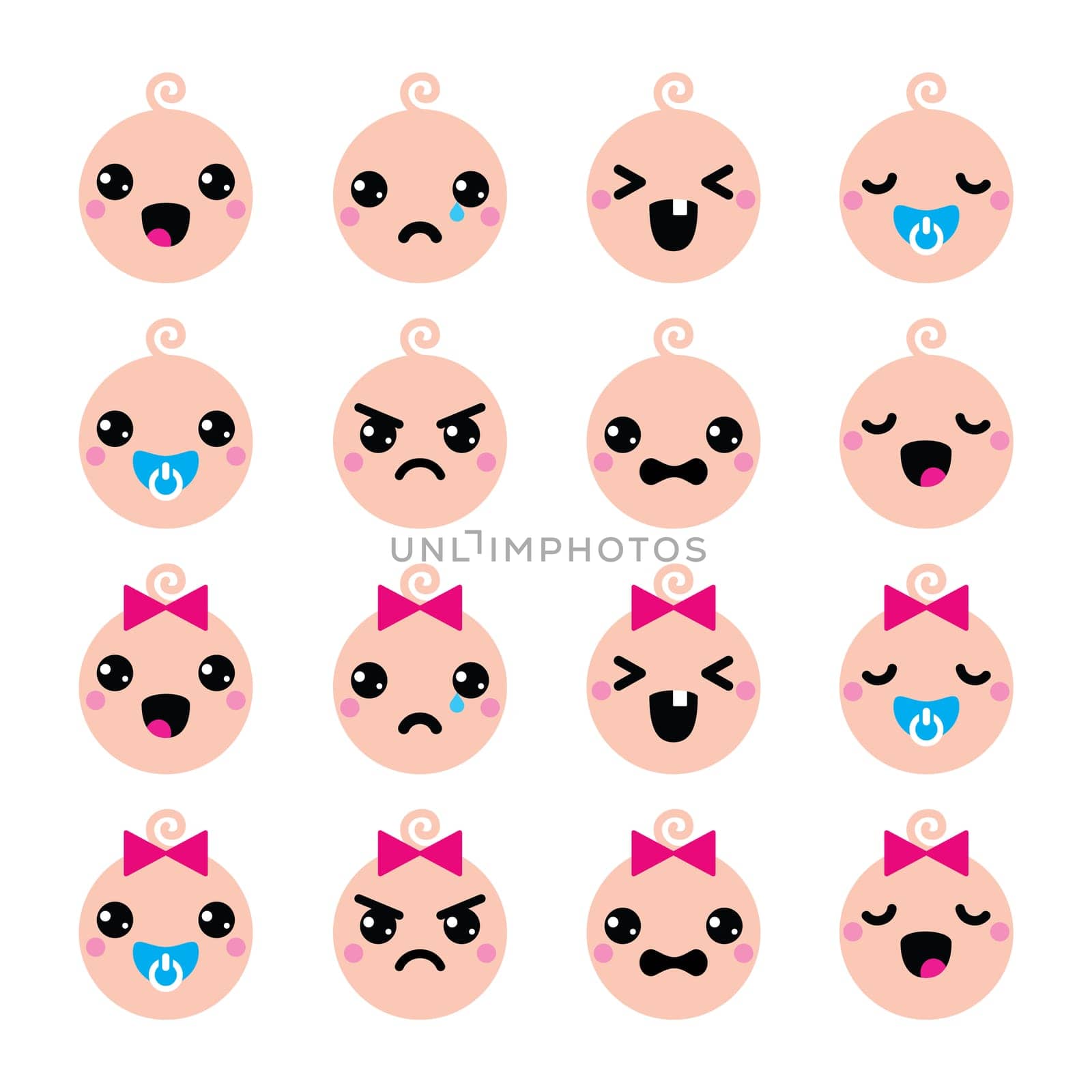 Vector icons set of happy, sad, crying babies isolated on white