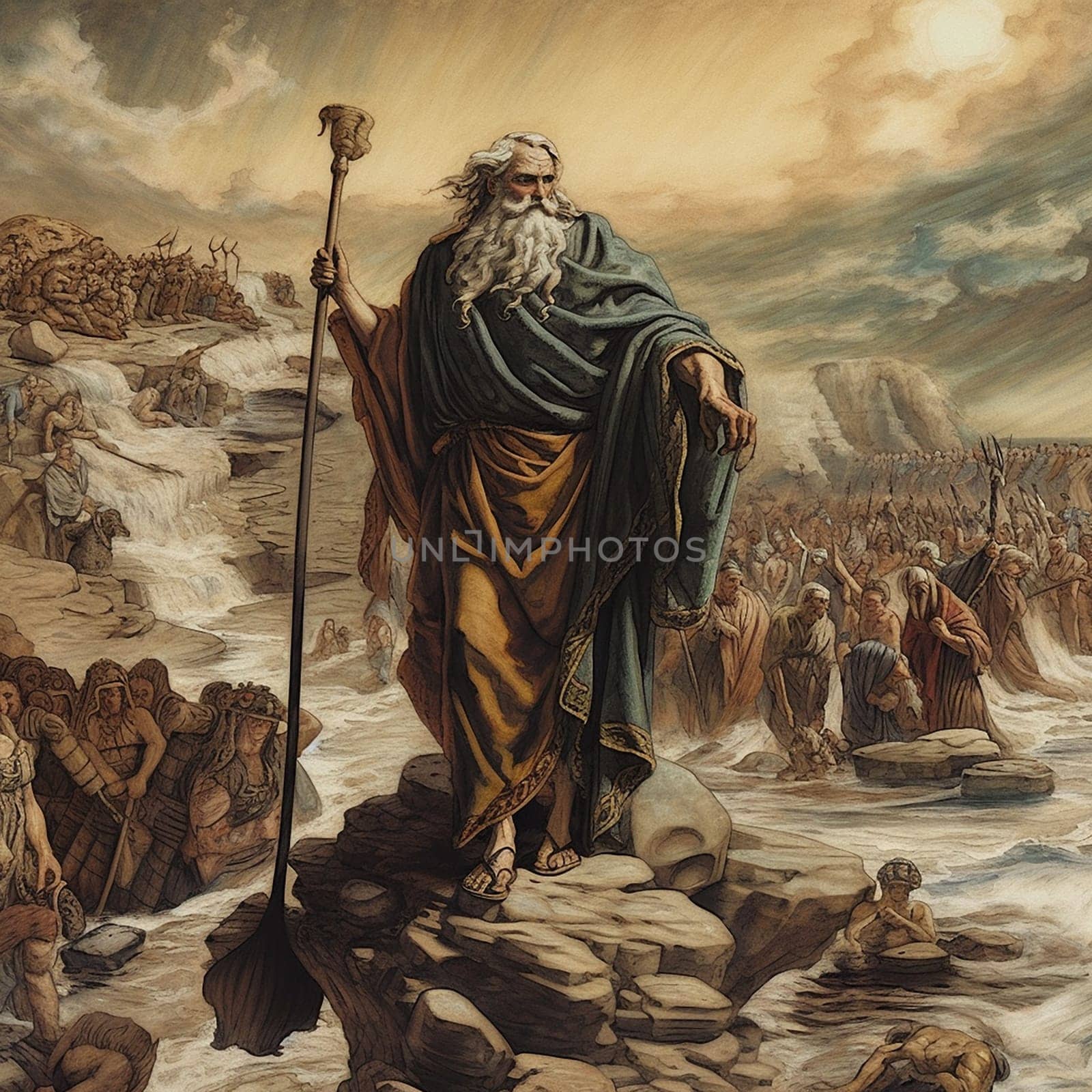 Exodus of the bible, Moses crossing the Red Sea with the Israelites, escape from the Egyptians, generative AI