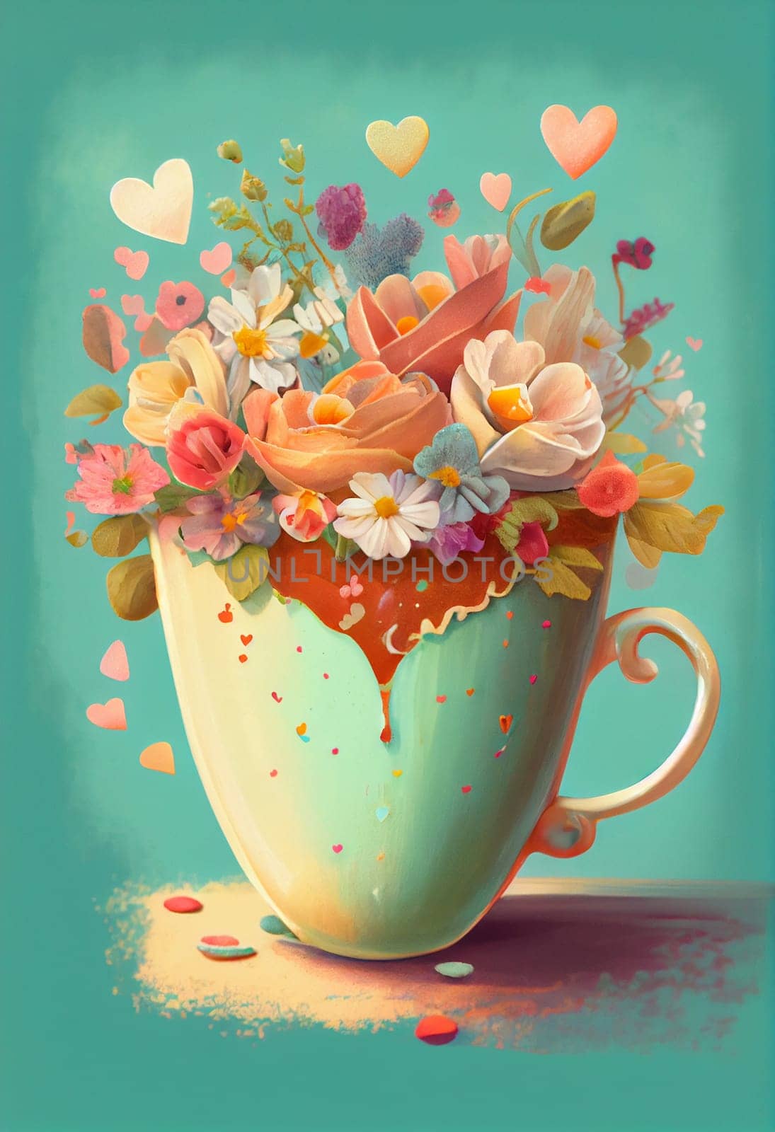 Cup with flowers and hearts, creative positive thinking, self care, hope and support concept, generative AI
