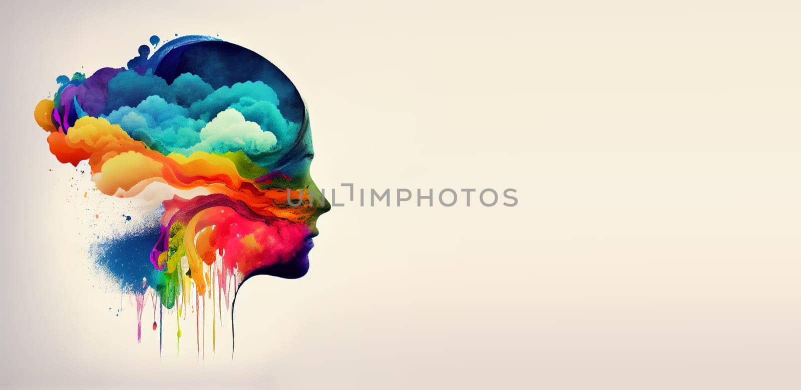 Woman with rainbow colored clouds, creativity explosion, positive thinking, self identidy and wave of imagination, generative AI