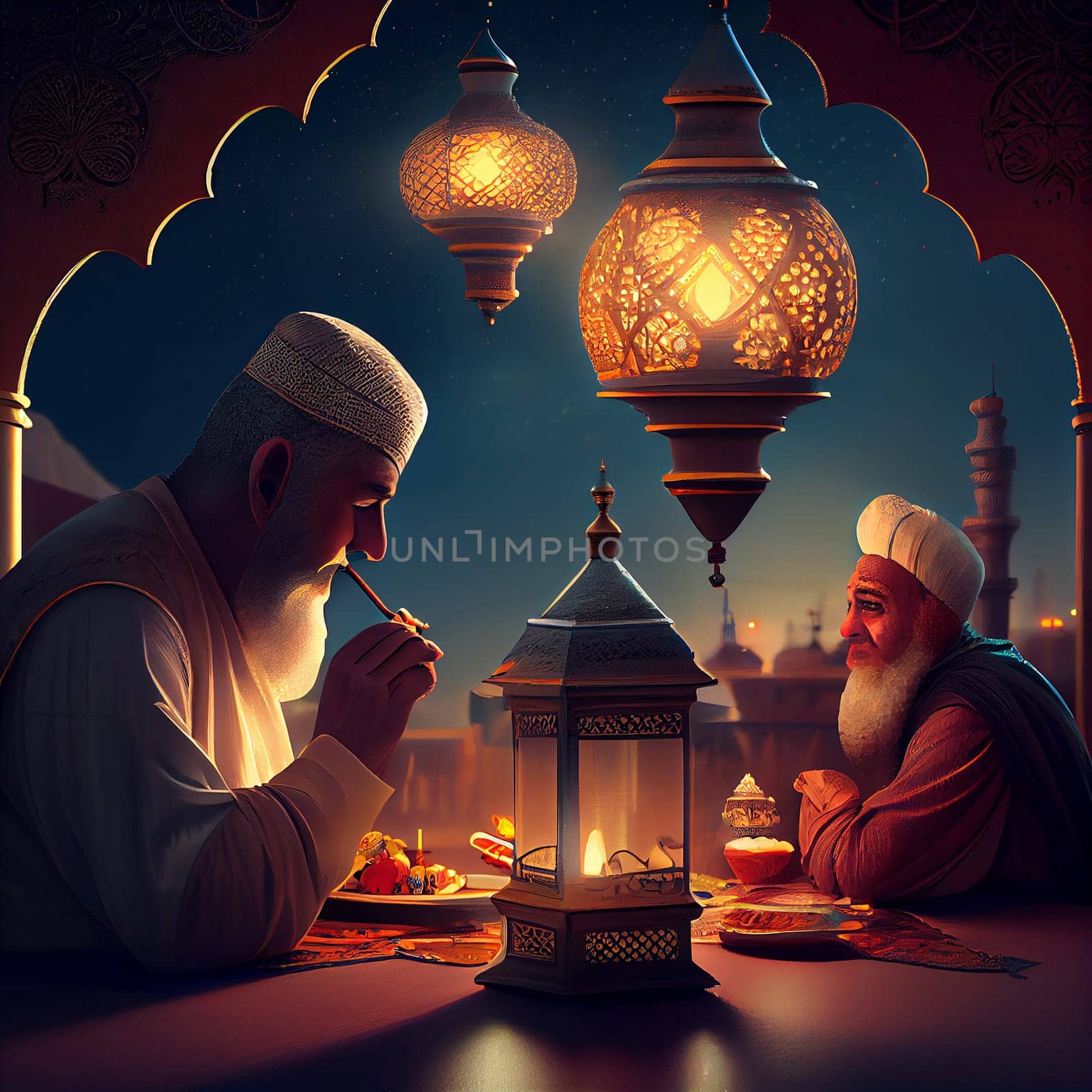 Fastening month of Ramadan, religion of Islam, muslim having dinner, mosque in the background, eid kareem, generative AI