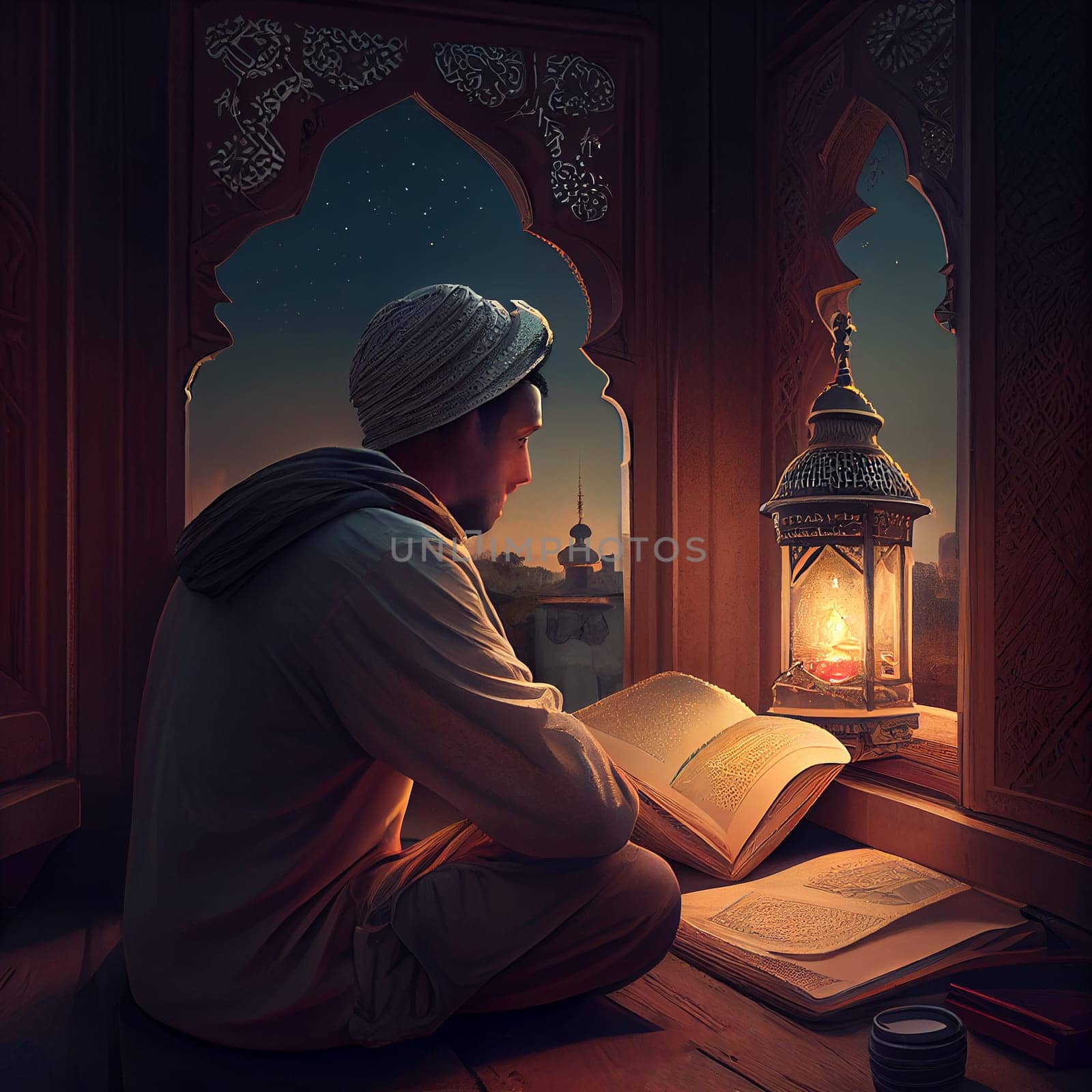 Muslim reading the Koran in a mosque, religion of Islam, Ramadan and Eid Kareem prayer, generative AI