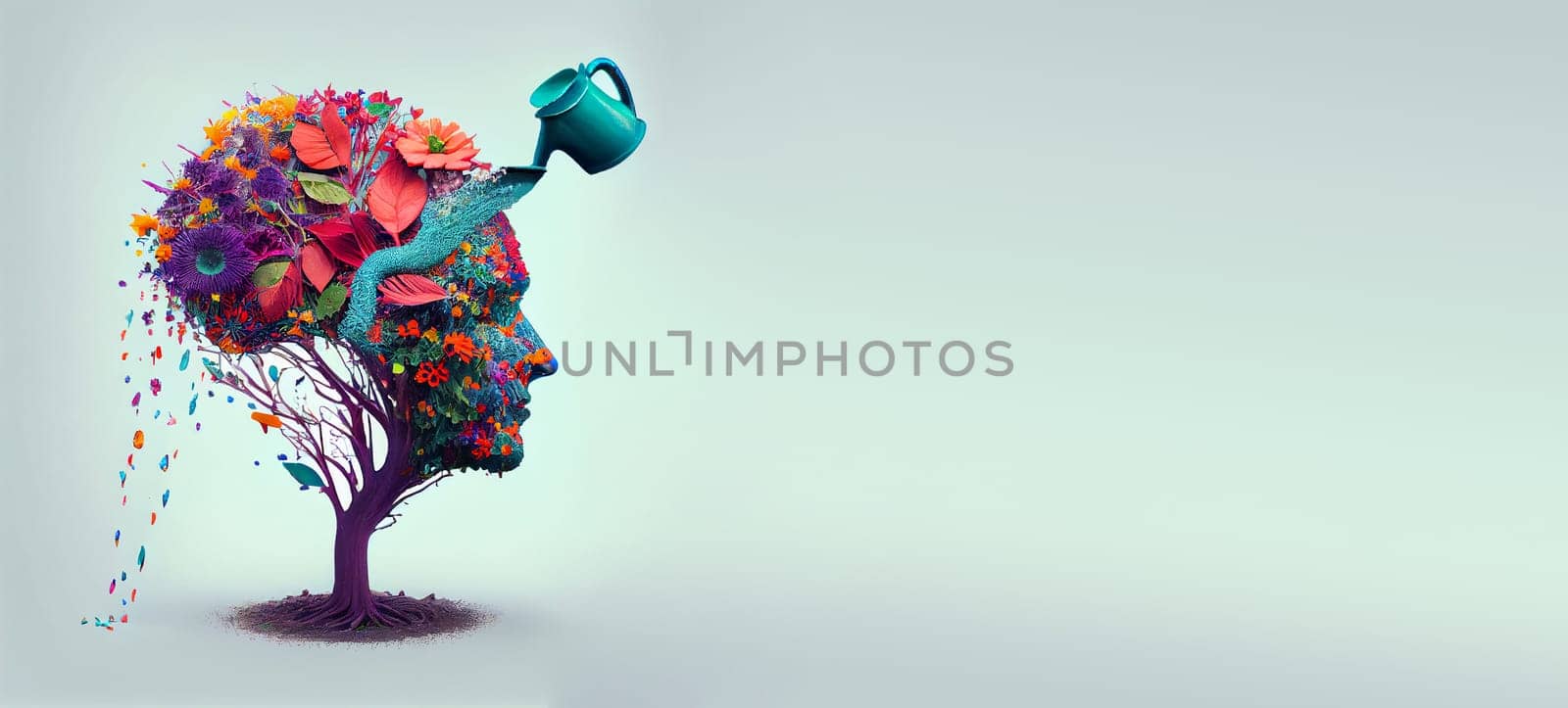 Human brain growing from a tree with flower, watering can is pouring water on the mind, mental health concept, positive attitude, creative thinking, generative AI