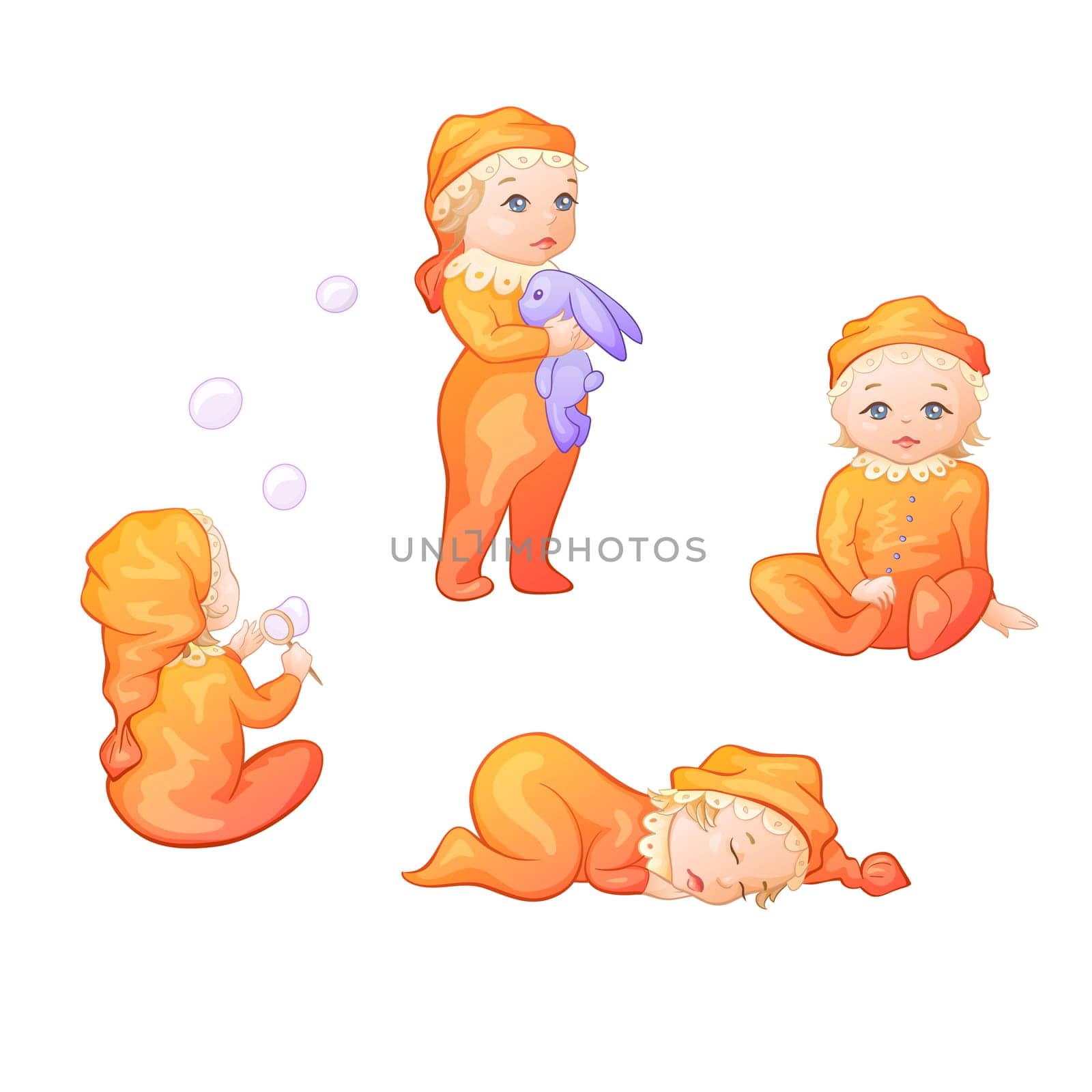 Vector illustration of sitting, sleaping and playing babies