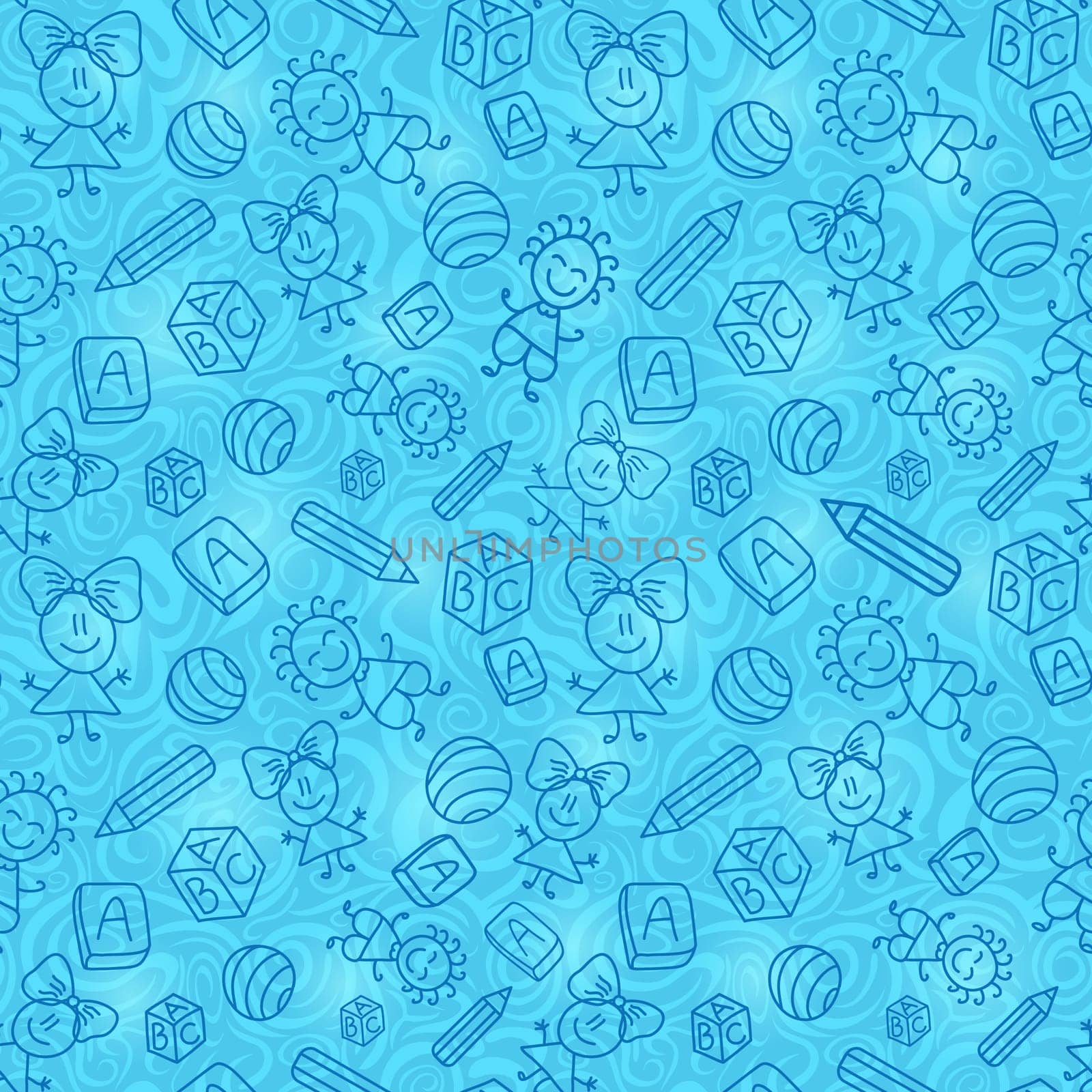 Blue Hand Drawn Seamless Pattern with Kid, Book and Pencil Silhouettes. Vector Background