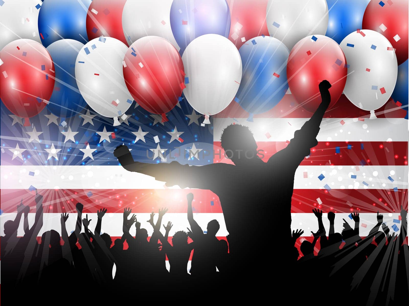 Independence Day 4th July celebration background with balloons and confetti
