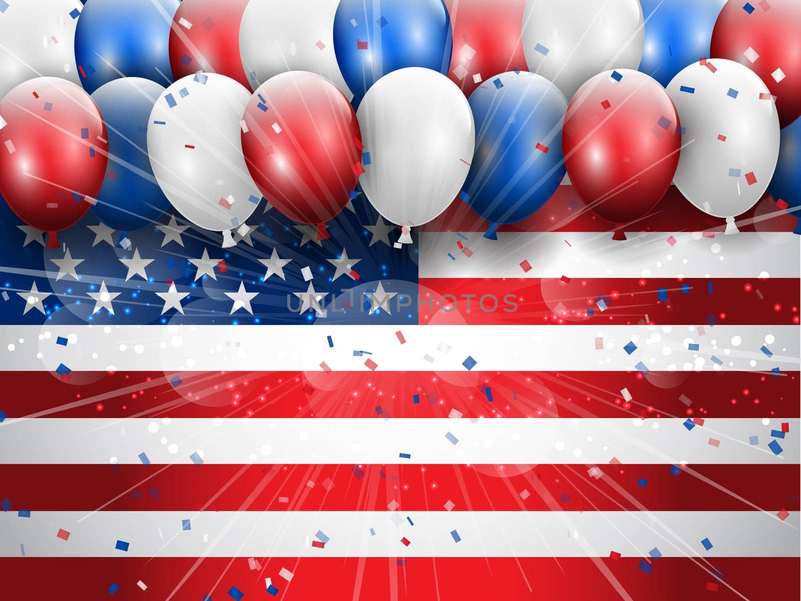 Independence Day 4th July celebration background with balloons and confetti
