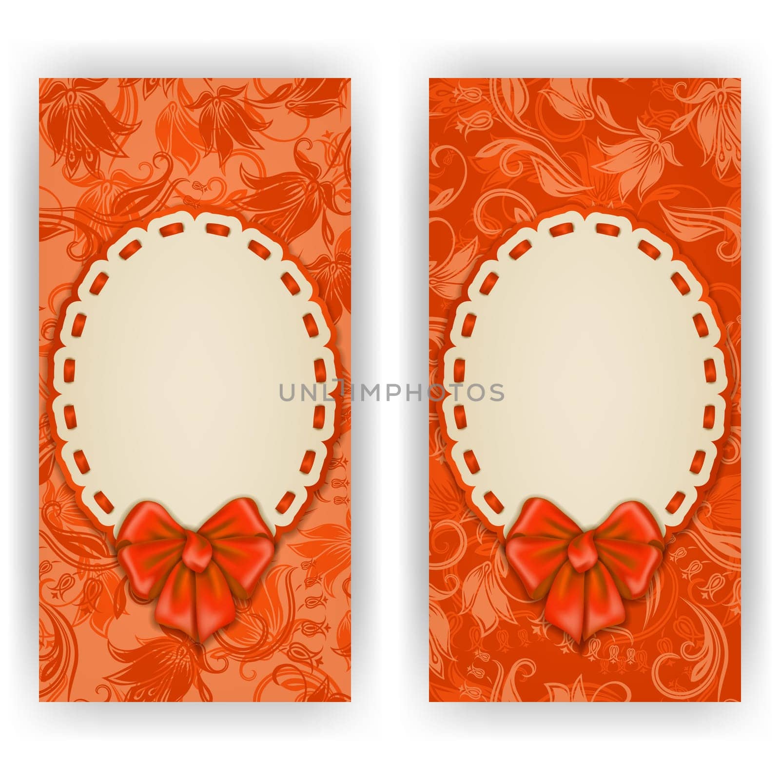 Set of elegant templates of luxury invitation, gift card with lace ornament, bow, place for text. Floral elements, ornate background. Vector illustration EPS10