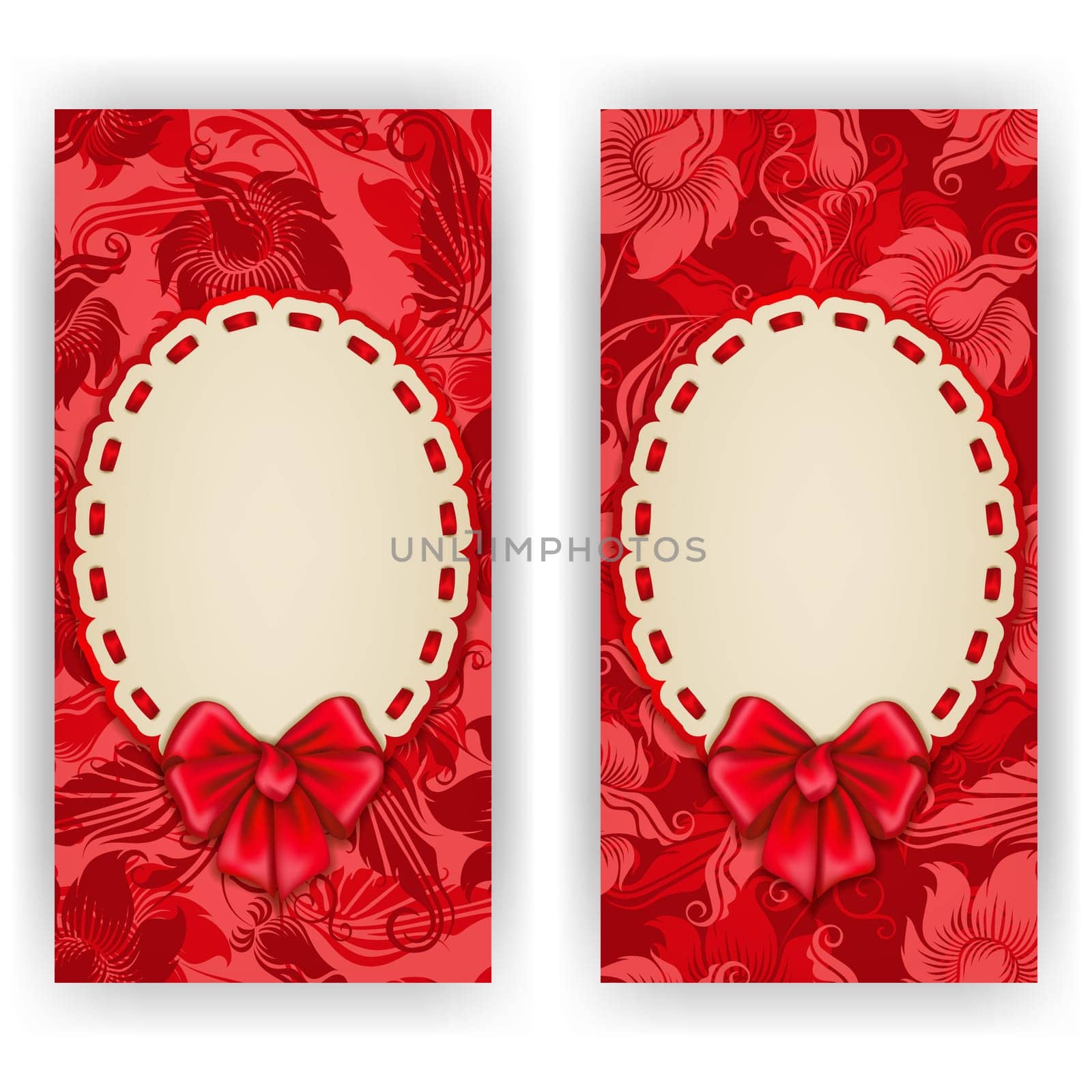 Set of elegant templates of luxury invitation, gift card with lace ornament, bow, place for text. Floral elements, ornate background. Vector illustration EPS10
