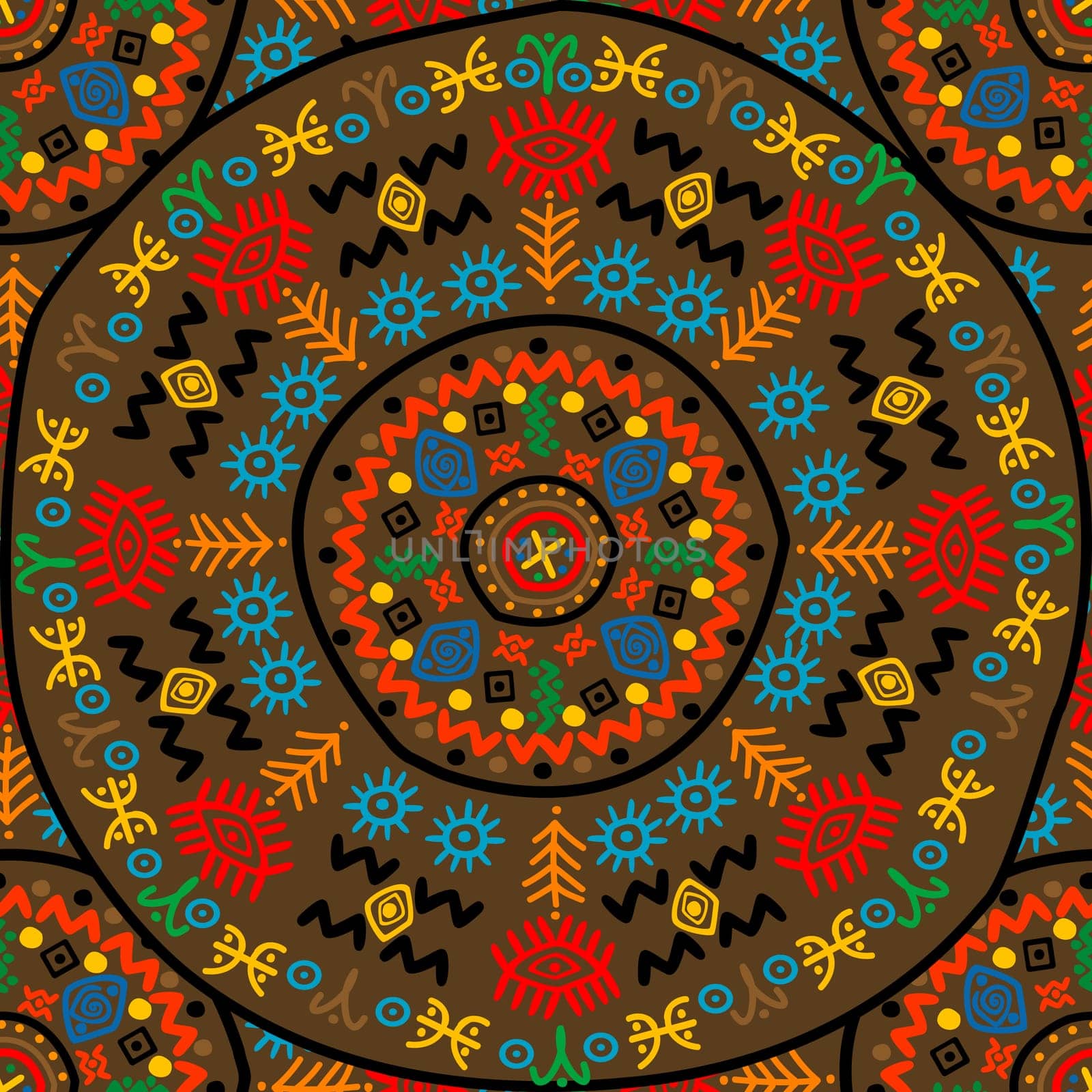 Abstract circular ornament with african motifs. Tribal ethnic seamless pattern