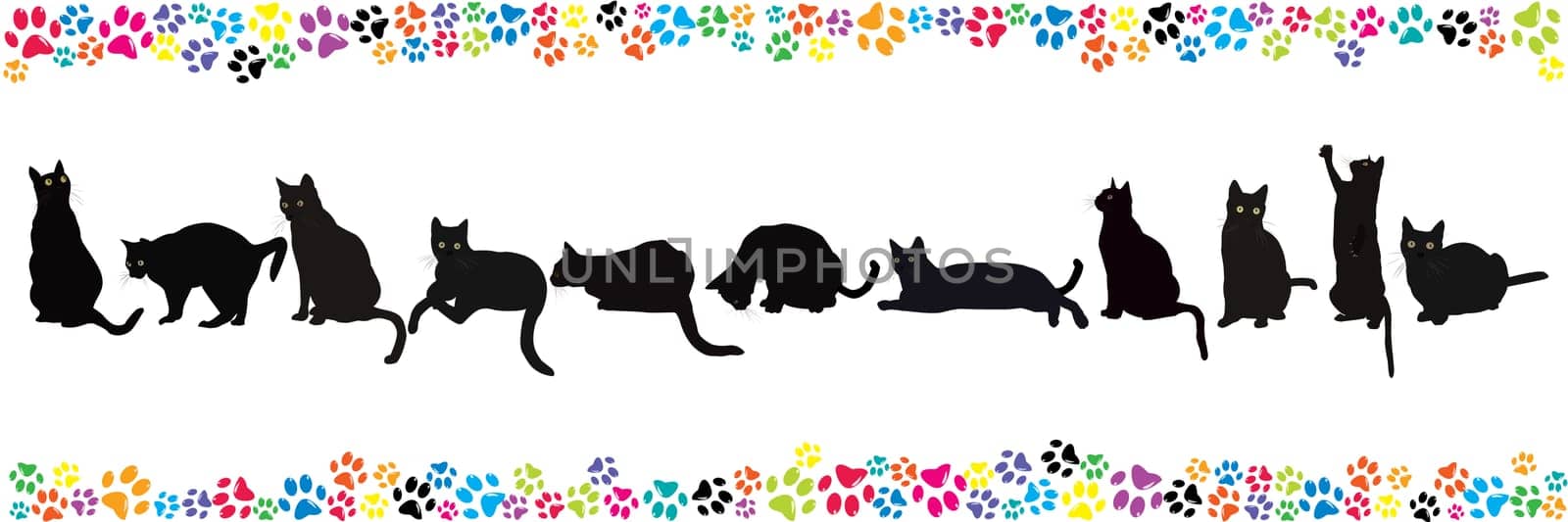 Border with black cats and colorful paws