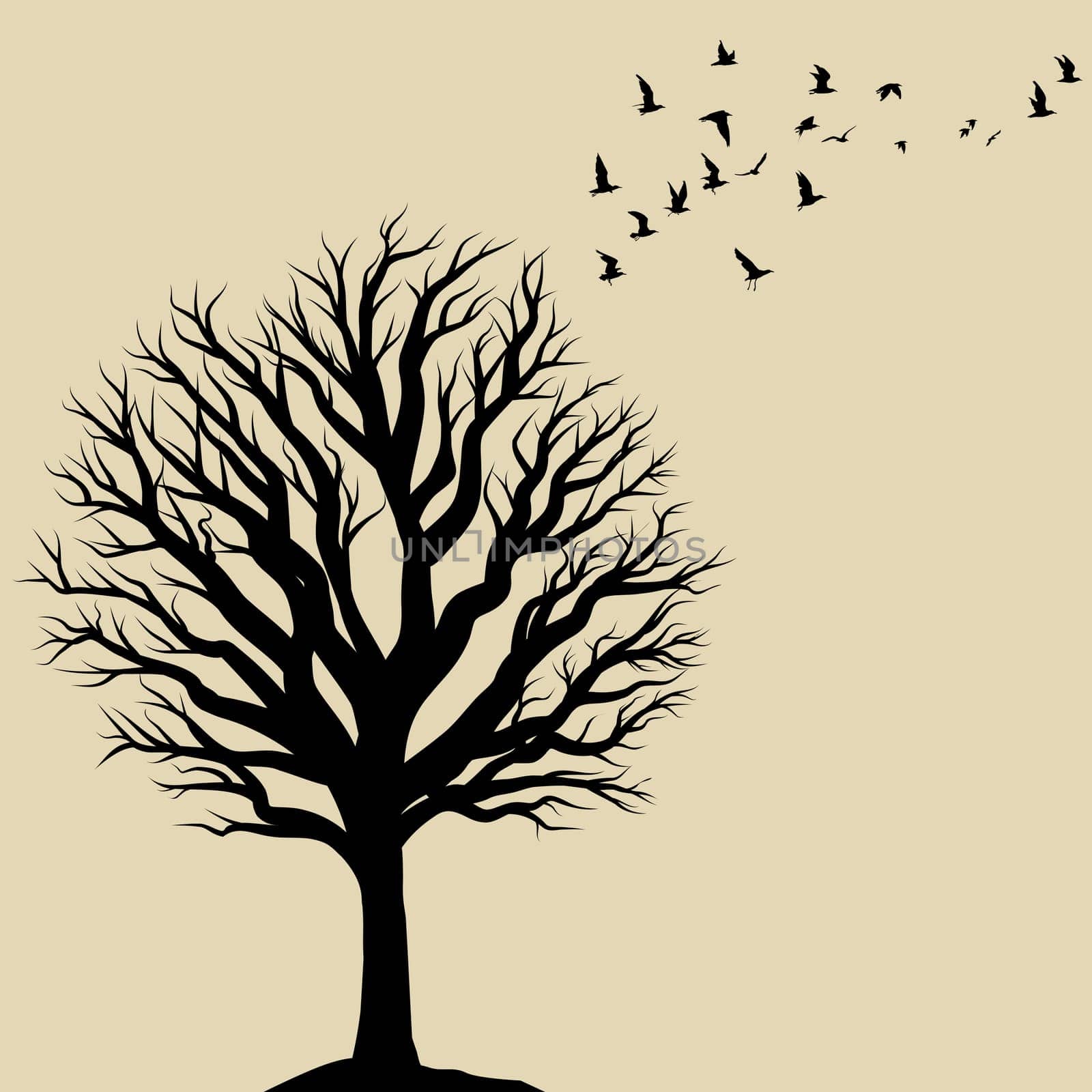 Silhouette of bare tree and flock of birds flying