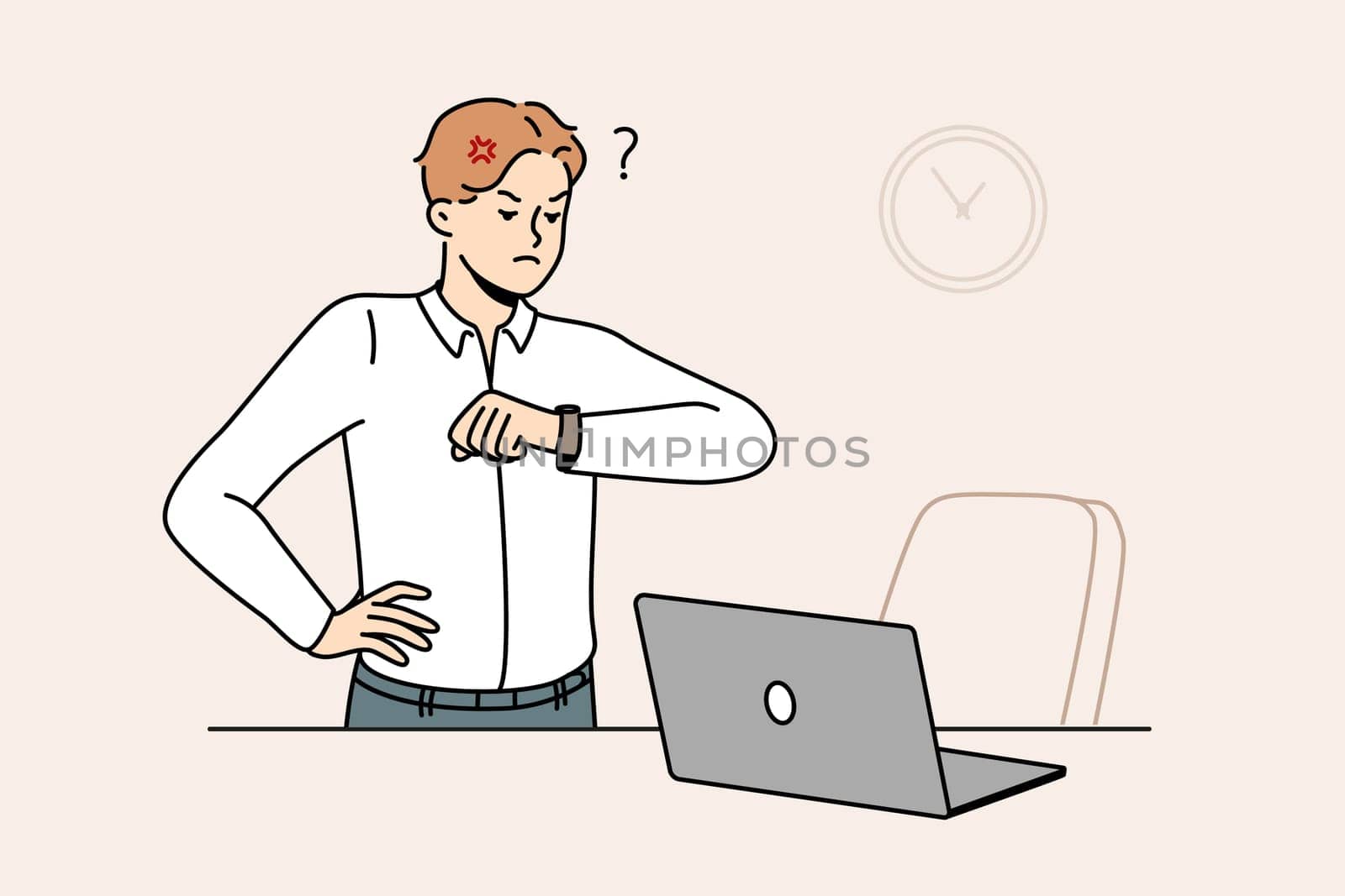 Furious businessman look at wristwatch unhappy with employee being late for work. Mad employee stand near empty desk frustrated with worker late in office. Vector illustration.