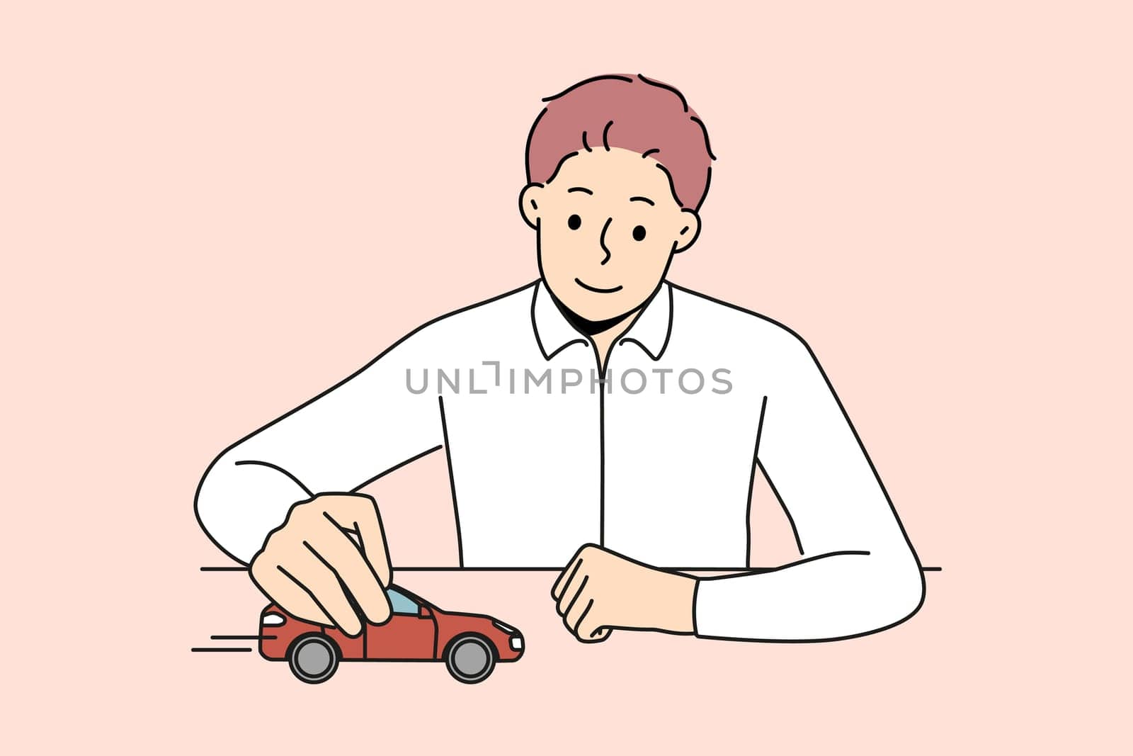 Smiling businessman sit at desk play with red car. Confident man boss or CEO playing with automobile think of next business move. Vector illustration.