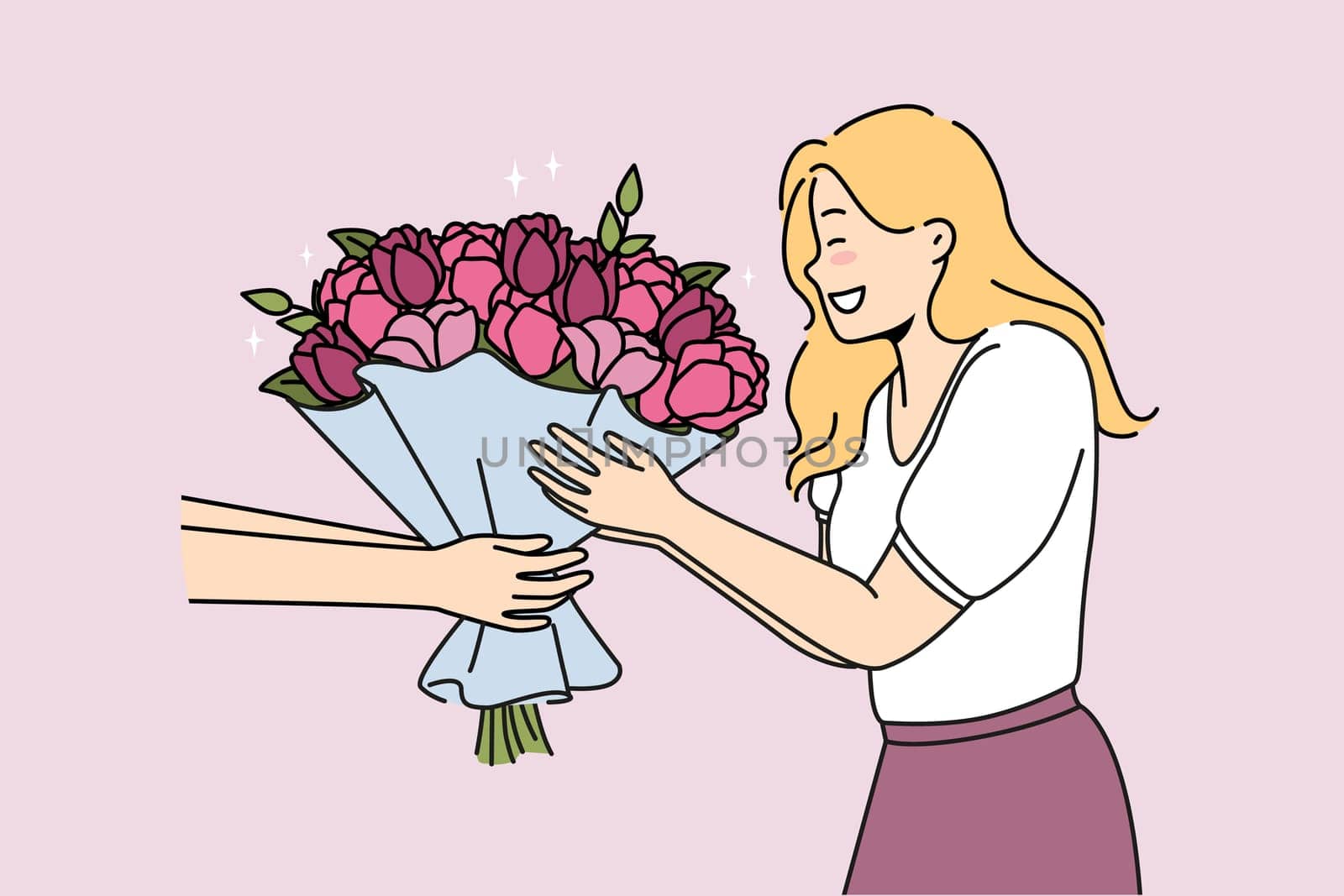 Excited woman get flowers from courier or deliveryman. Smiling girl receive floral bouquet for birthday pr anniversary. Vector illustration.