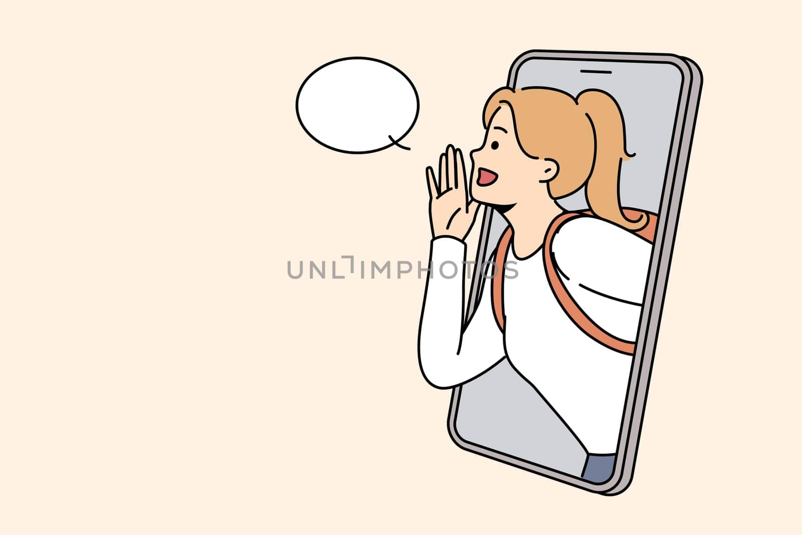 Girl with backpack make hand gesture scram form cellphone screen about good sale deal or promotion. Woman with hands as megaphone make announcement. Vector illustration.