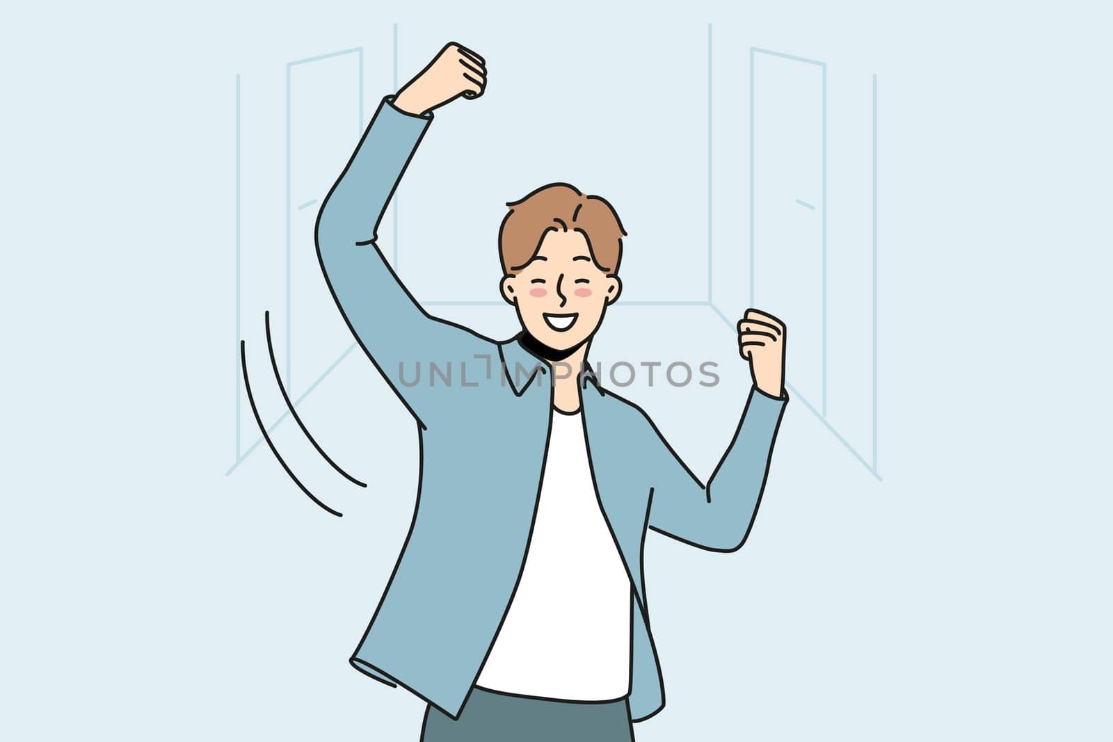 Overjoyed man dance celebrate success. Smiling male employee have fun enjoy win or victory in office. Achievement and reward. Vector illustration.