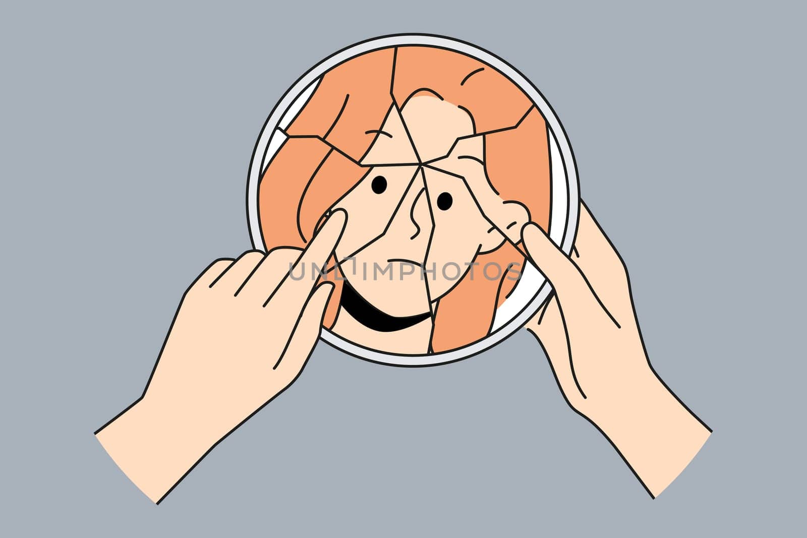 Woman look in broken mirror suffer from bipolar disorder. Unhappy girl struggle with personality disorder. Mental and psychological problems. Vector illustration.