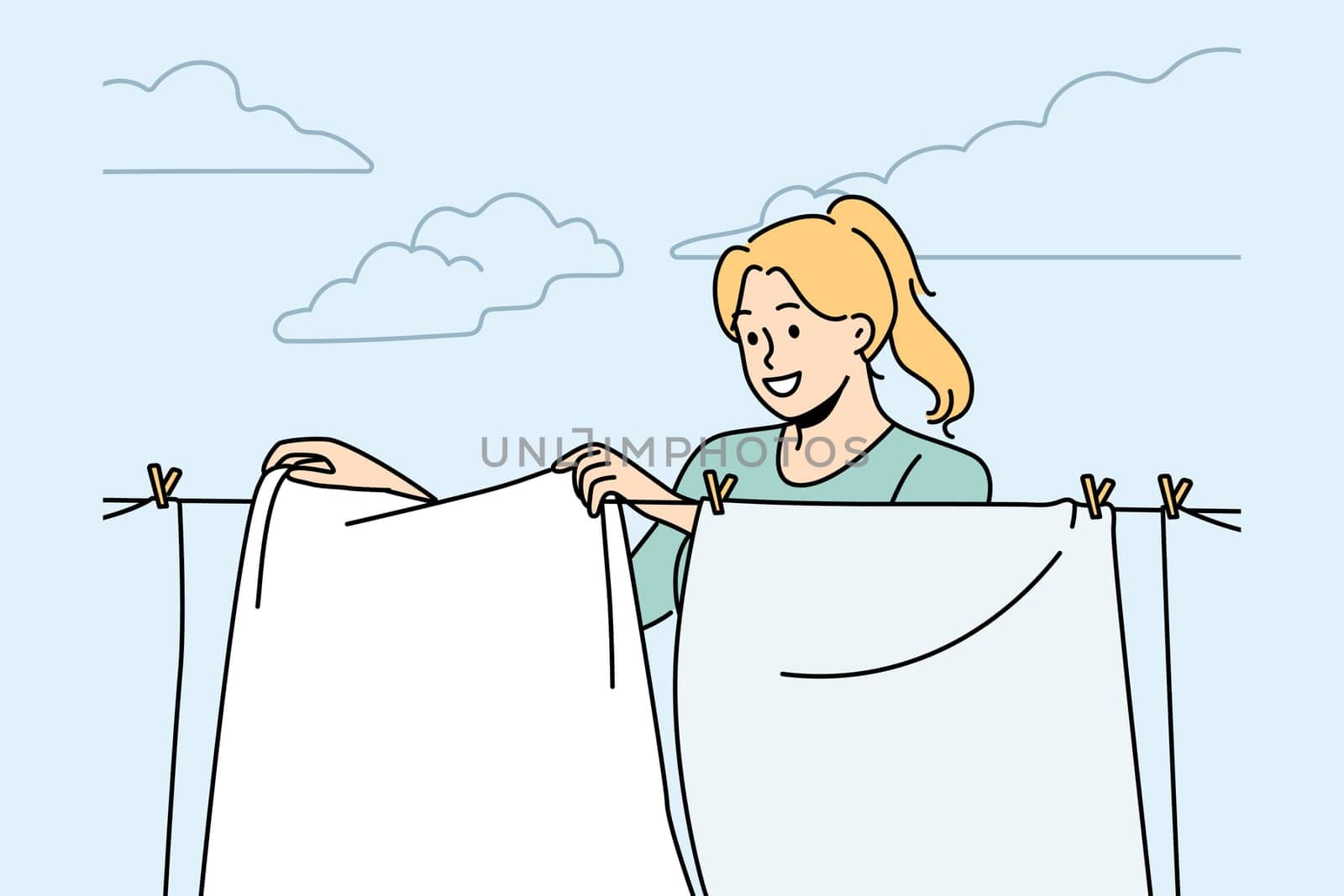 Smiling woman hanging fresh clothes on wire to dry outdoors. Happy housewife drying clothing on washing line. Household and chores. Vector illustration.