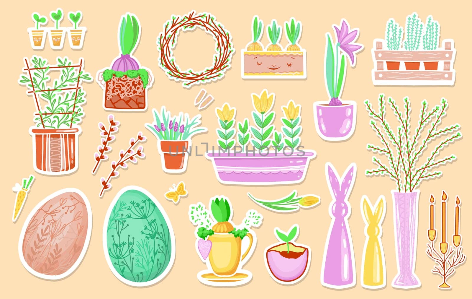 Springtime stickers, magnets collection with decorative floral and garden design. Growing plants.
